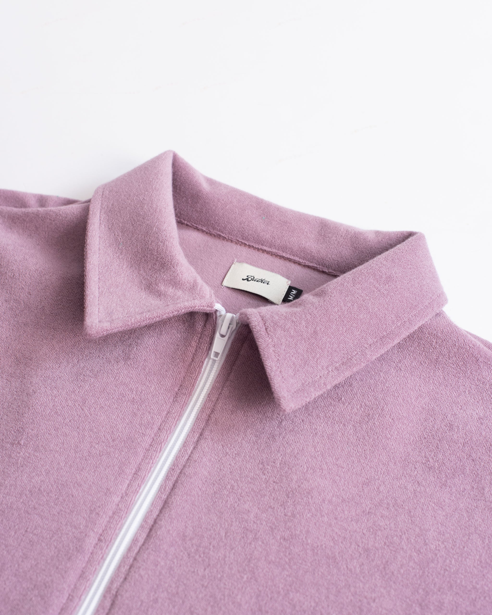 collar close up of Purple Heather Terry Cotton Full-Zip Polo Shirt
