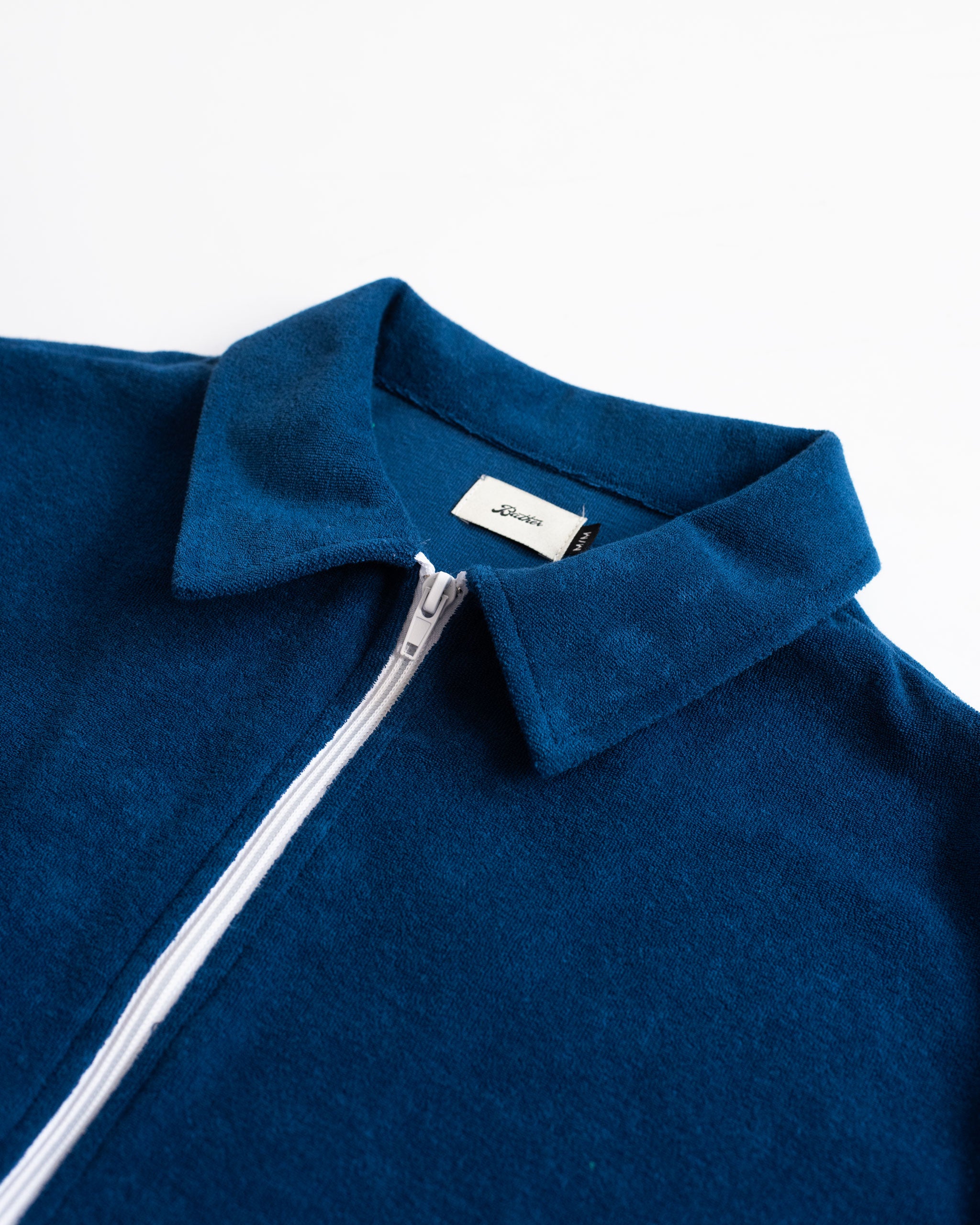 Solid Navy Towel Terry Cotton Full Zip Polo Shirt collar close up