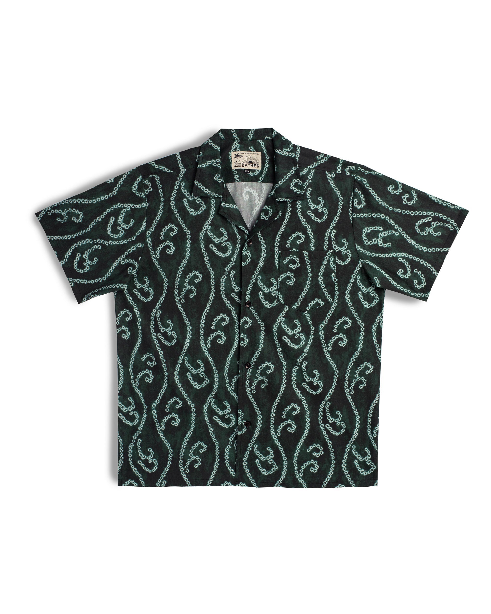 green Bather camp shirt with white shibori hook and loop pattern 