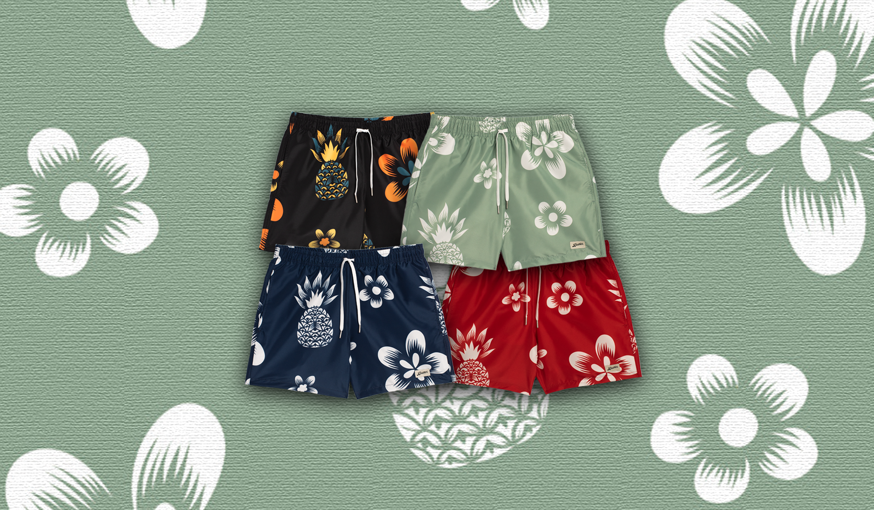 An image of all four of the styles of Bather Coastal Floral Pattern swim trunks