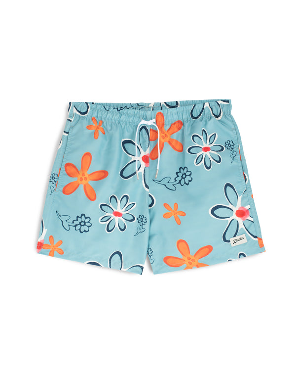 Blue Bather swim trunk with floral pattern and orange flowers