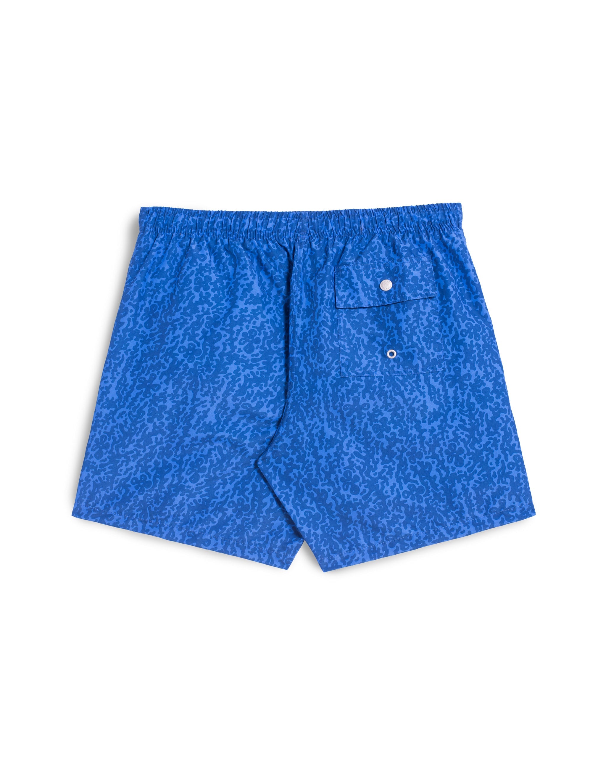 Rear view of blue camo swim trunks with a back button-closure pocket