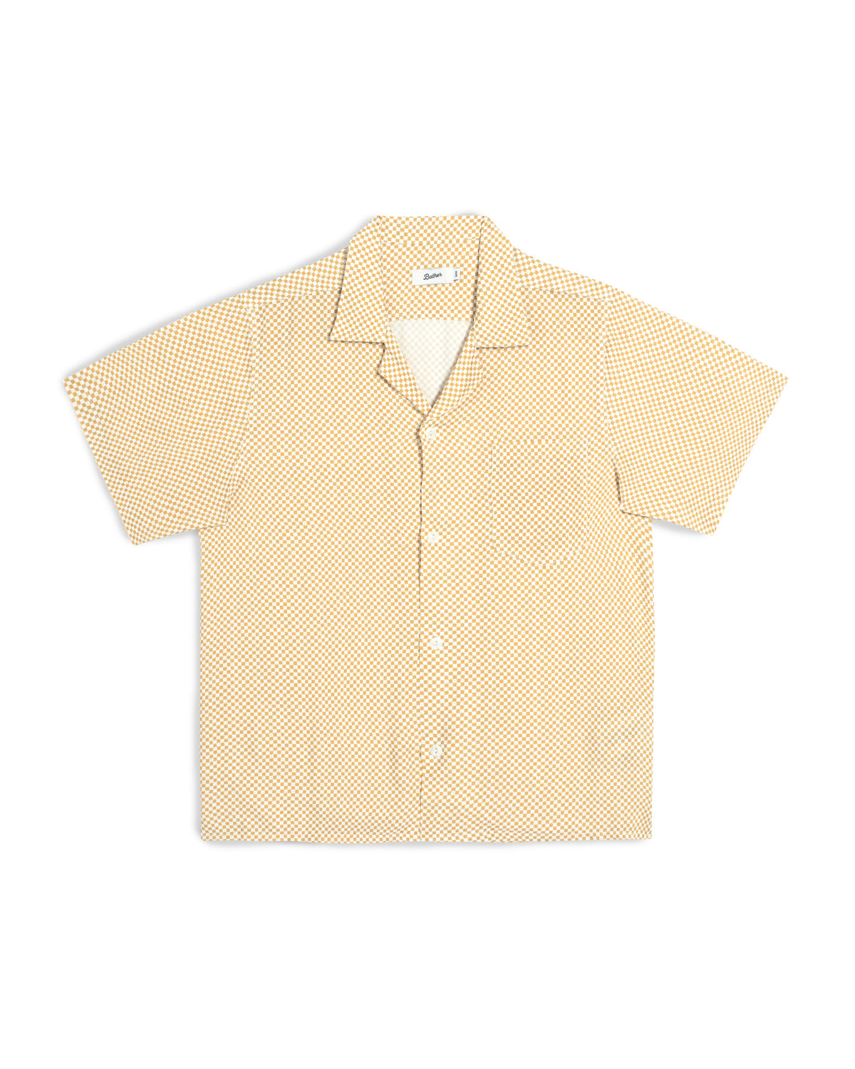 A short-sleeve camp collar button-up shirt in a light beige and white micro-checkered pattern, laid flat against a white background.