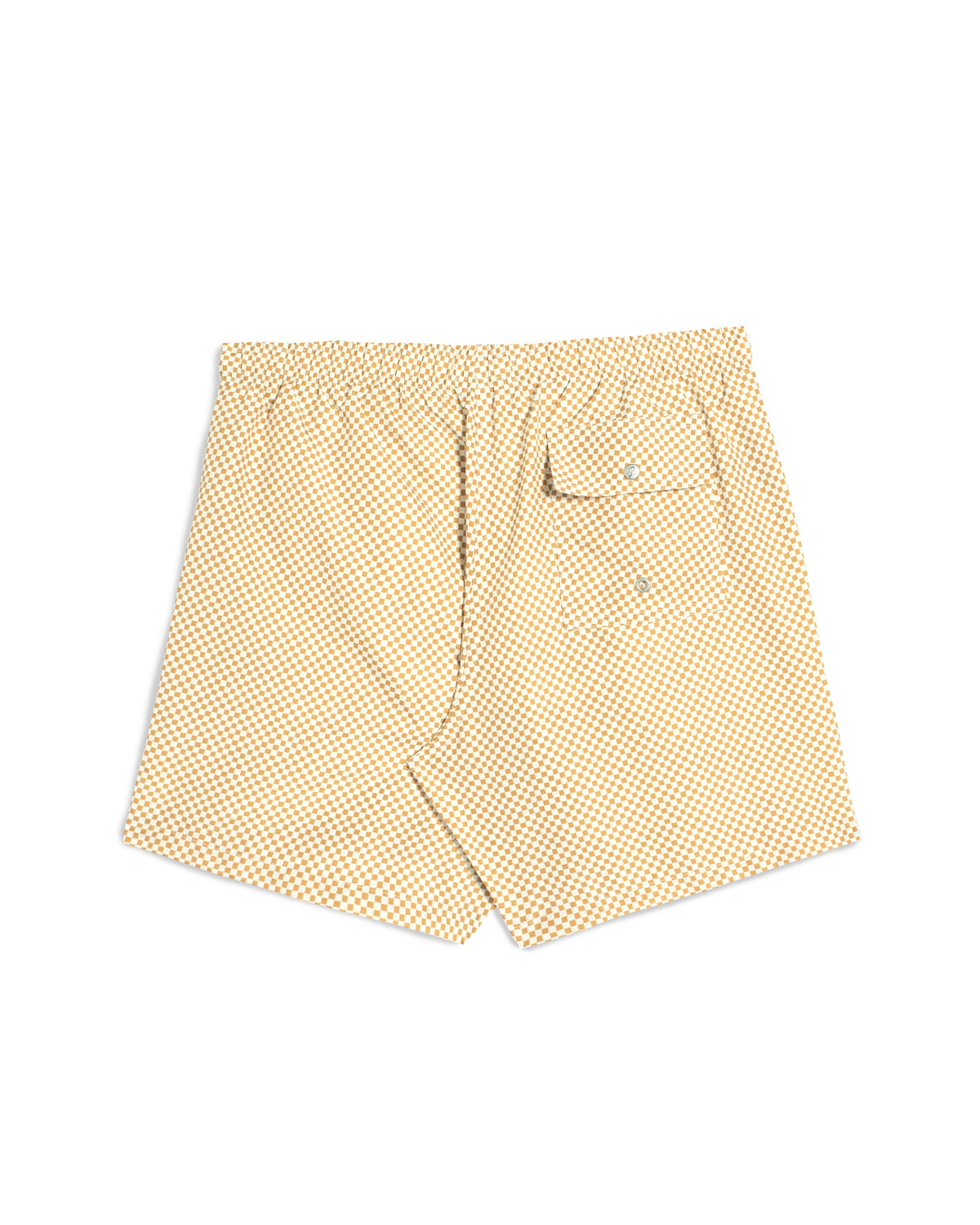 A pair of men's shorts featuring a small-scale yellow and white gingham checkered pattern, displayed flat against a solid white background.