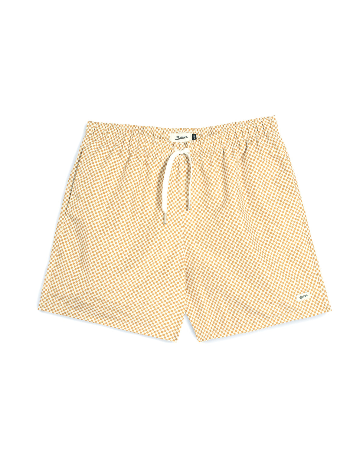 A pair of men's swim shorts featuring a small white and yellow gingham checkered pattern, a white drawstring at the elastic waistband, and a small white brand tag on the lower right leg.