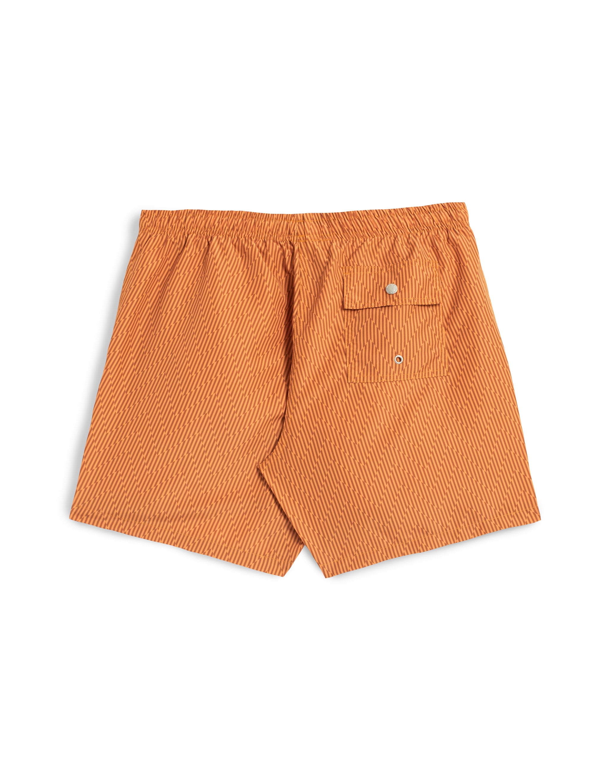 Rear view of Bather orange zigzag-pattern swim trunks with a back button-closure pocket