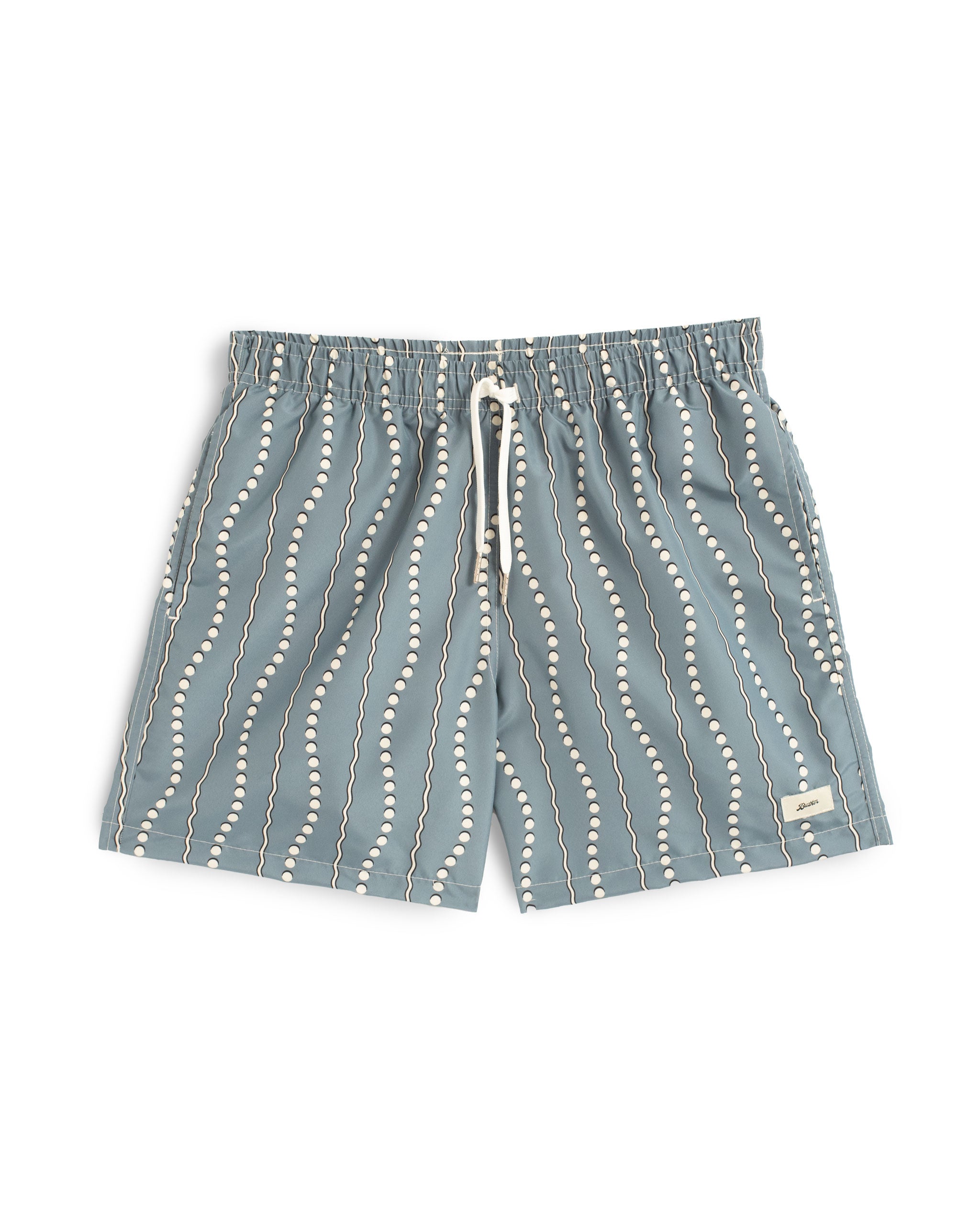 Men's blue swim trunks with white dot and wavy stripe pattern, elastic drawstring waistband