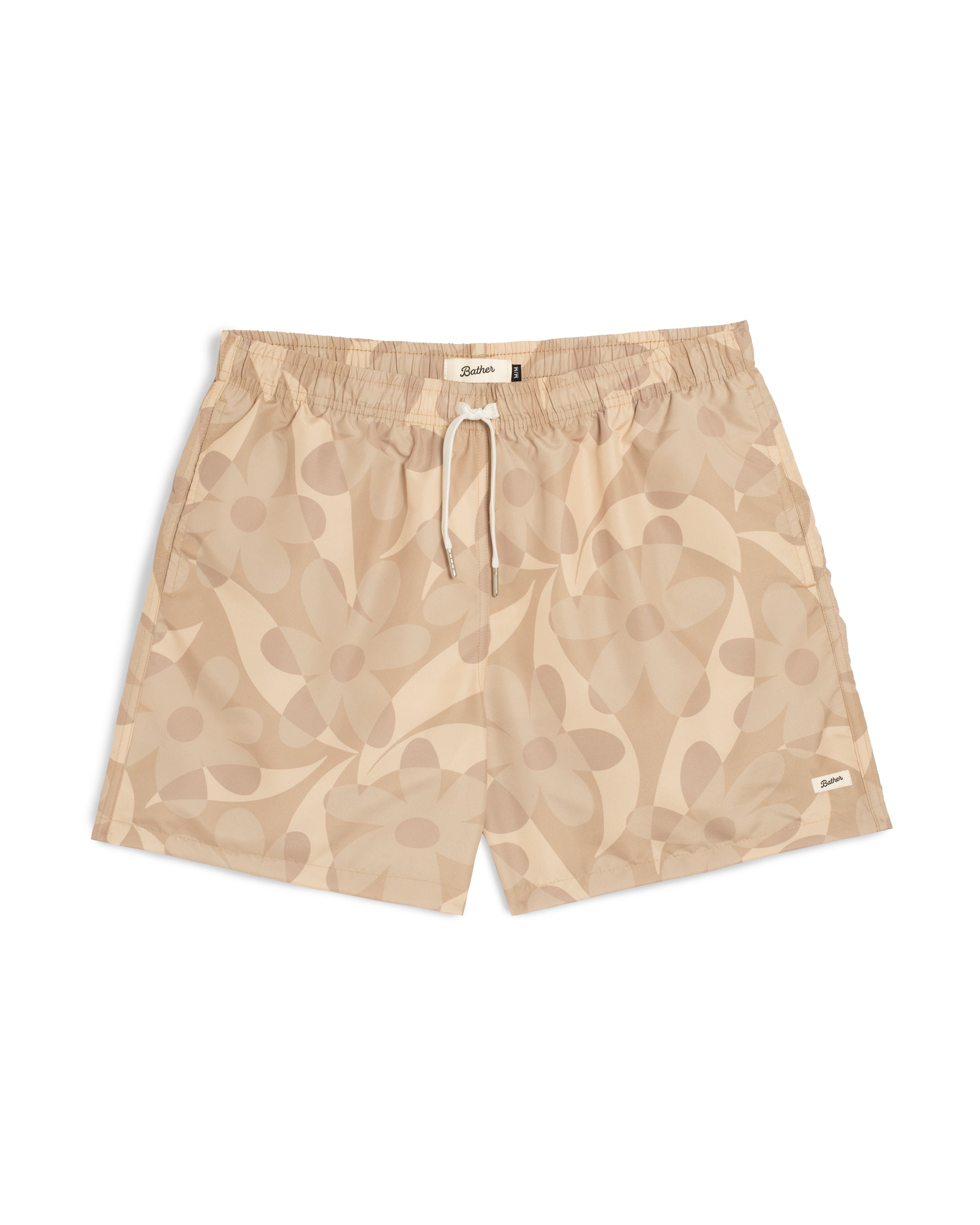 Men’s beige floral swim trunks with elastic waistband and white drawstring