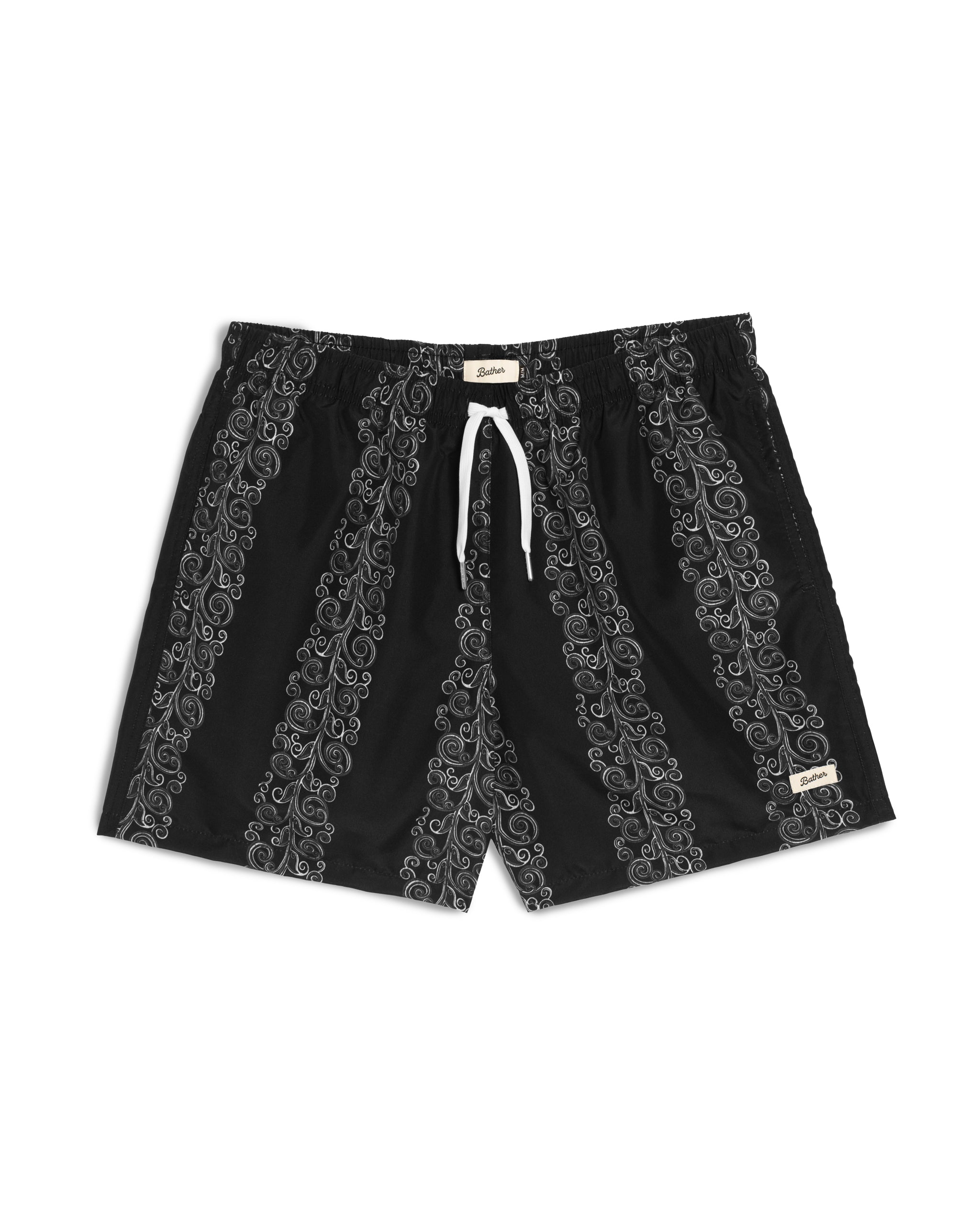 Men's black swim trunks with grey floral stripe print and drawstring waistband