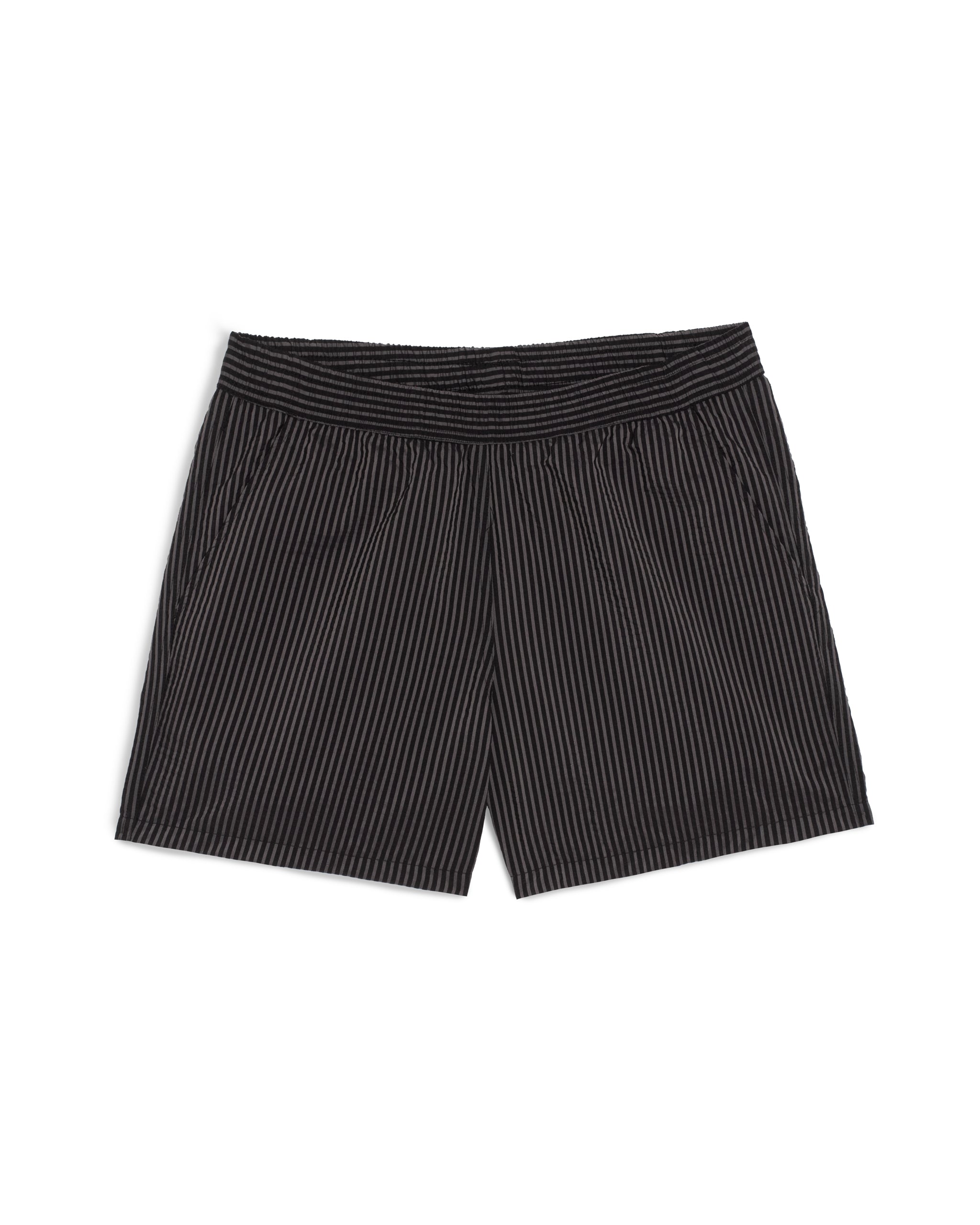Men's black pinstripe swim trunks with hidden elastic waistband