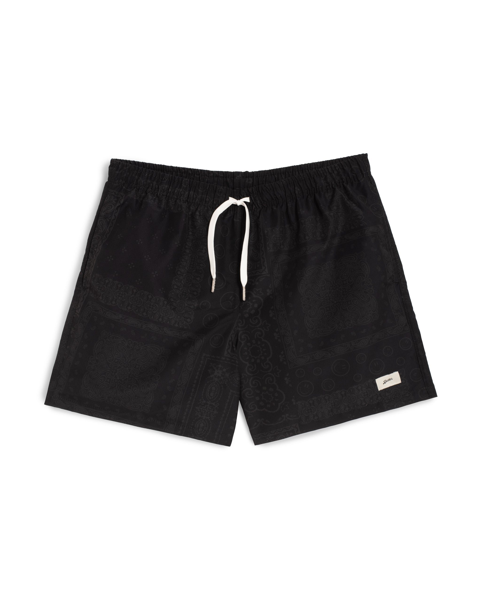 Men’s black swim trunks with bandana pattern, elastic waistband, and white drawstring