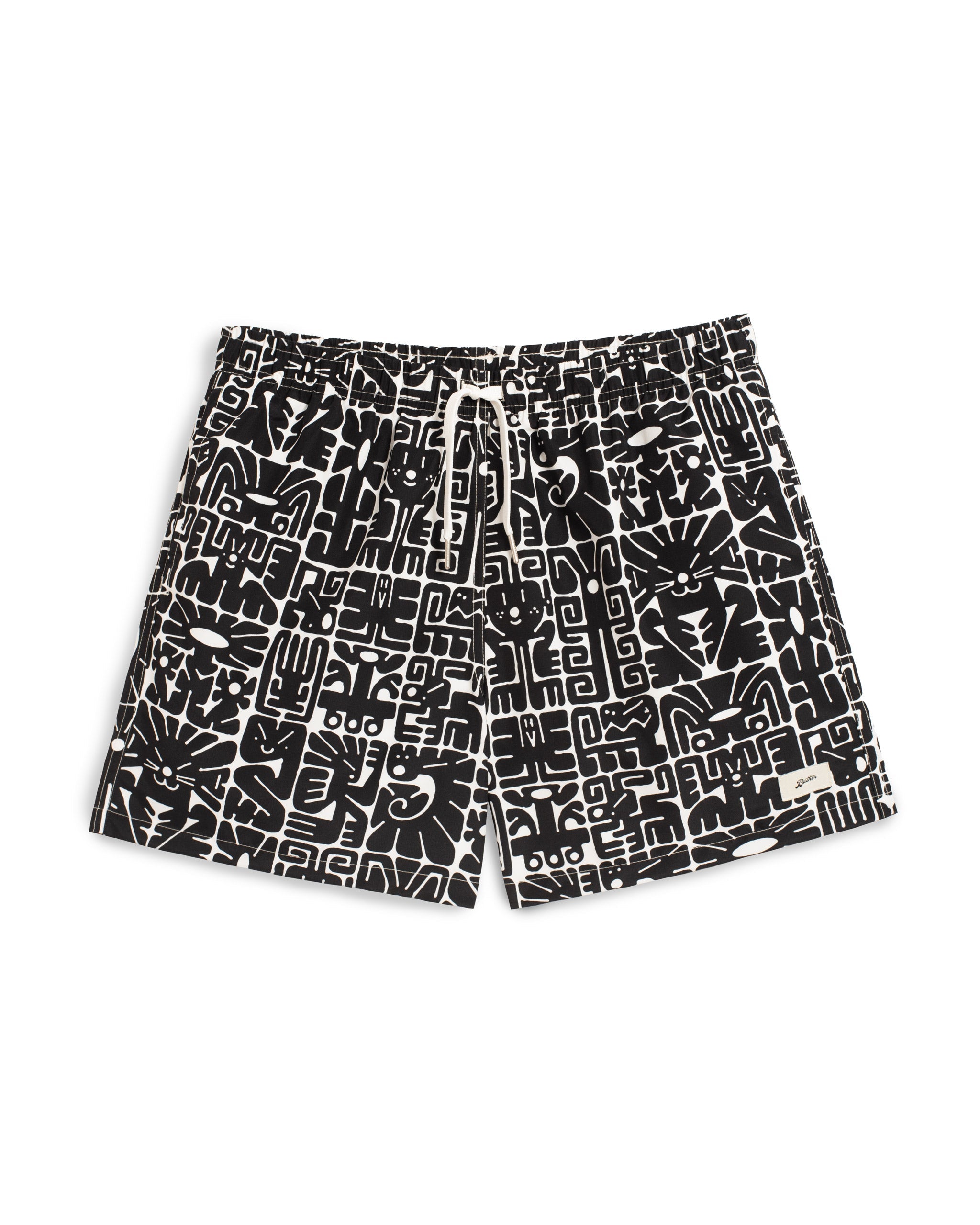 Black and white swim trunks with abstract graphic pattern and drawstring waist