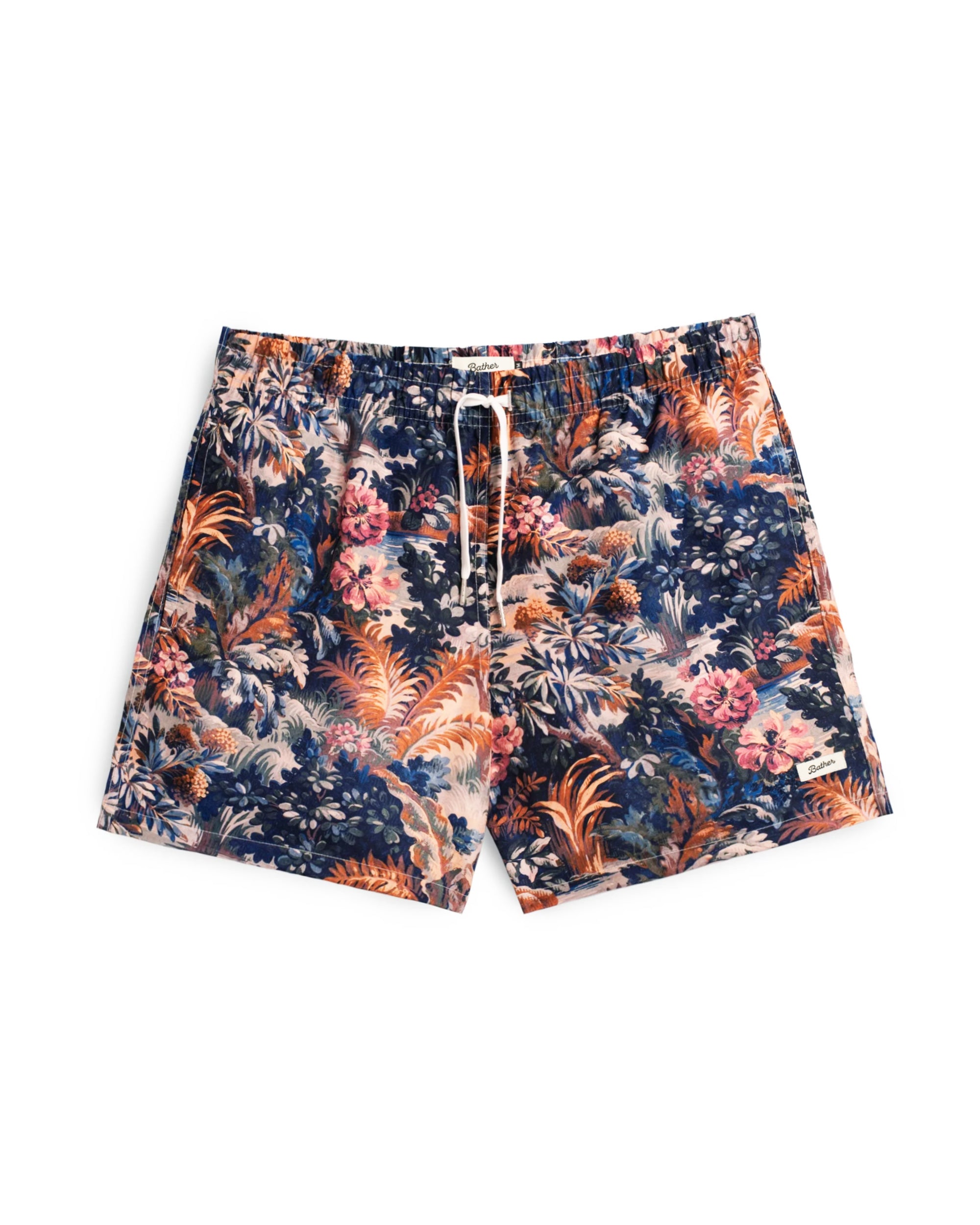 Men’s tropical floral swim trunks with multi colour botanical print and drawstring waistband