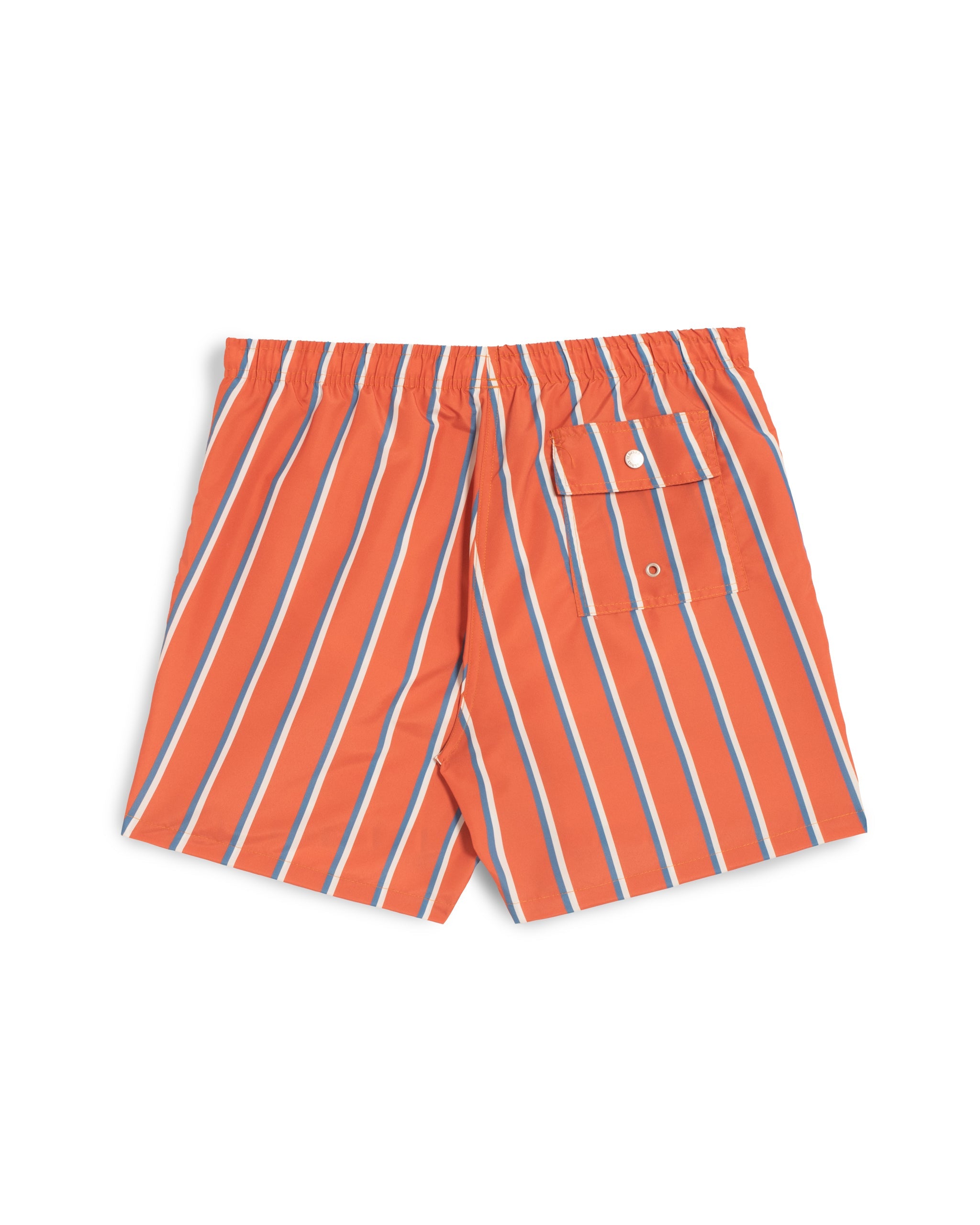 Rear view of men’s orange swim trunks with blue and white vertical stripe pattern and back button-closure pocket