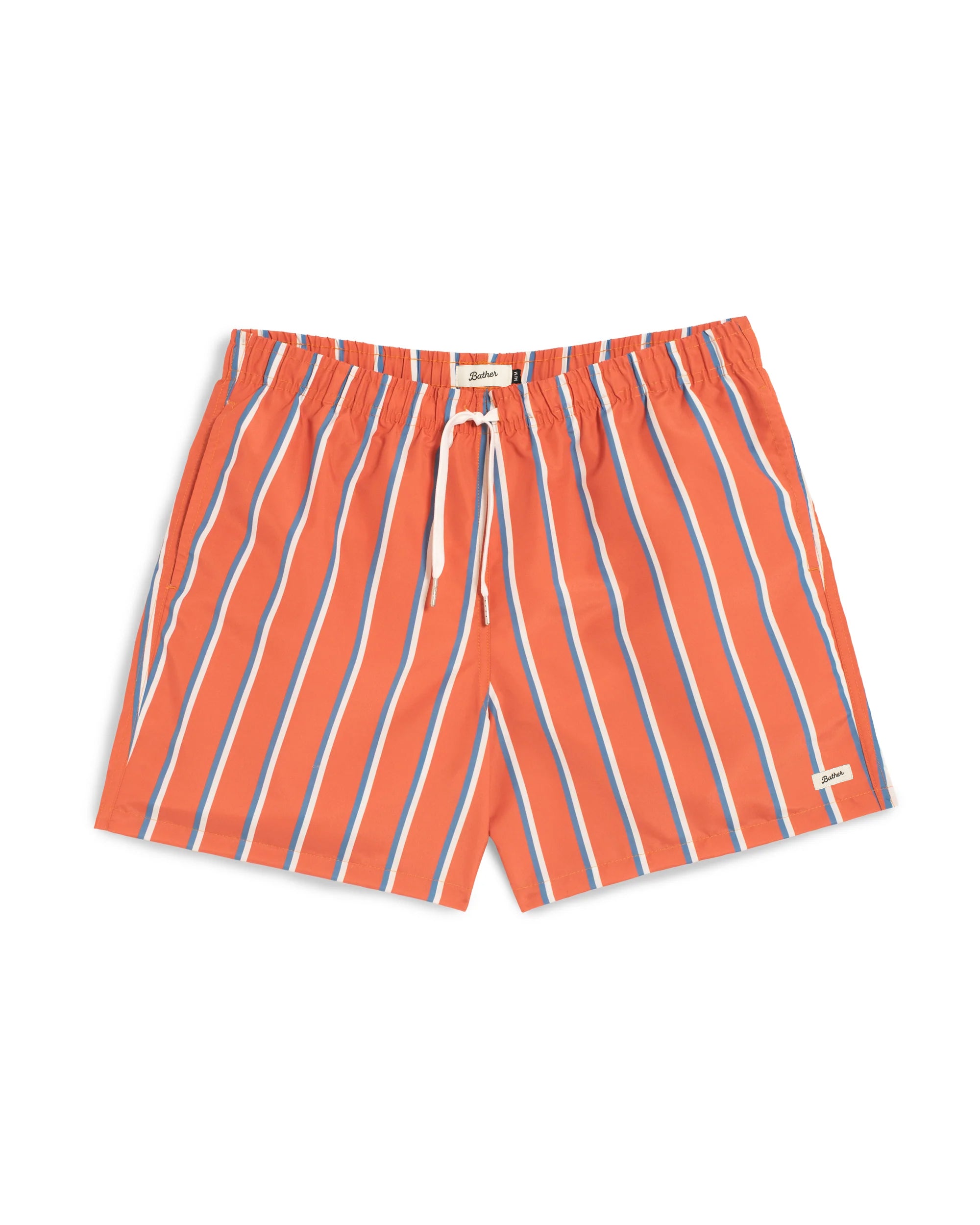 Men’s orange swim trunks with blue and white vertical stripe pattern and drawstring waistband