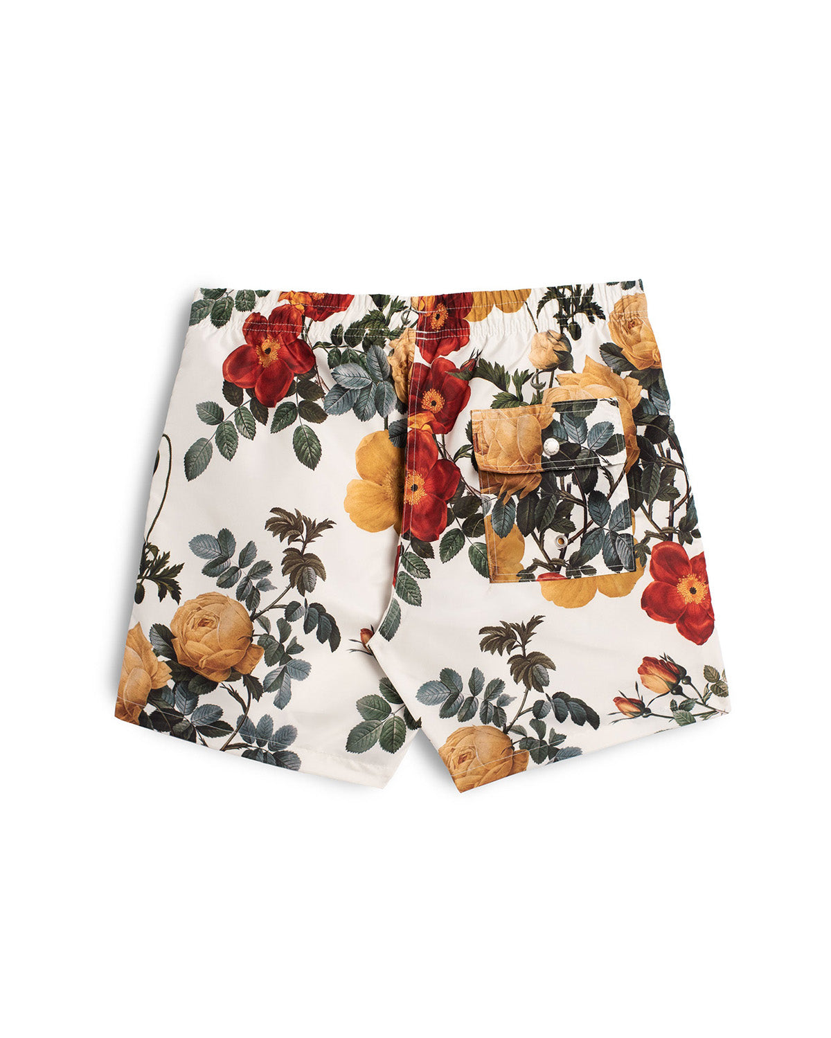 Rear view of ivory swim trunks with vintage floral print and button closure pocket 