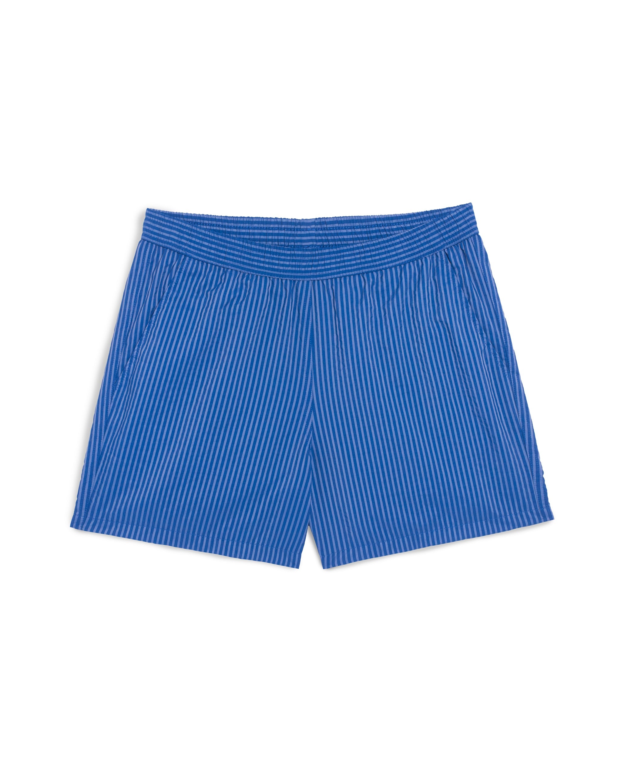 Men's blue pinstripe swim trunks with hidden elastic waistband