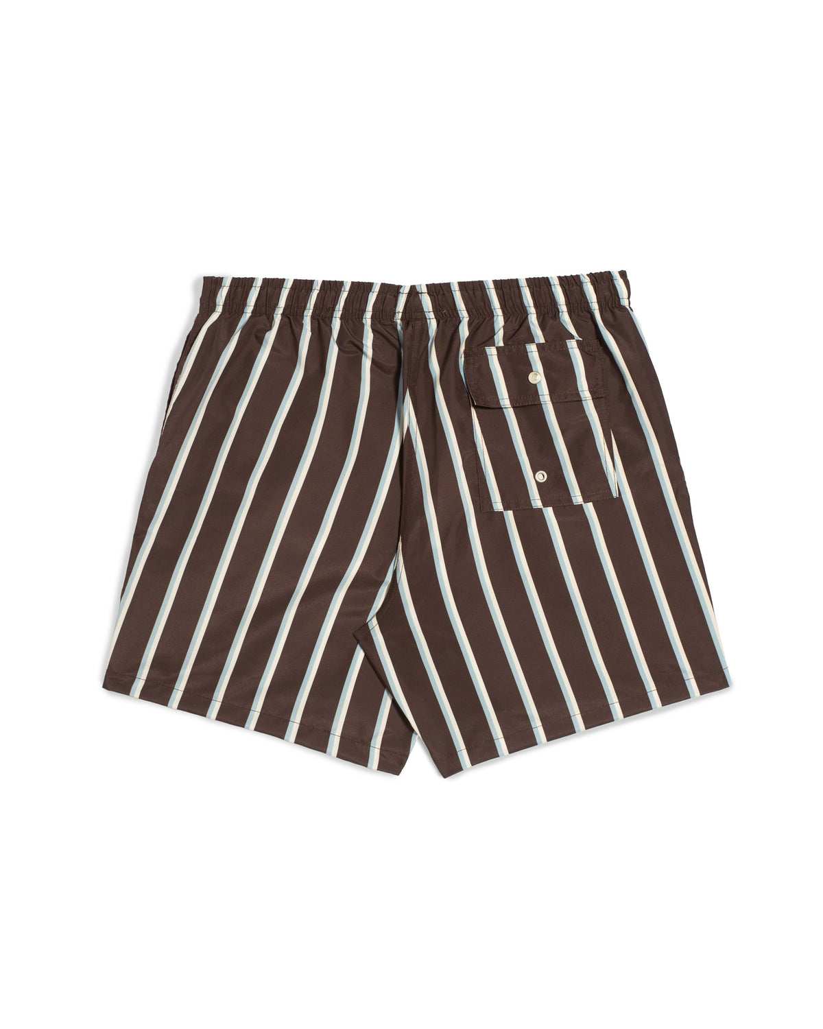 A pair of men's shorts featuring vertical brown and off-white stripes, with a buttoned welt pocket on the right side, shown against a plain white background.