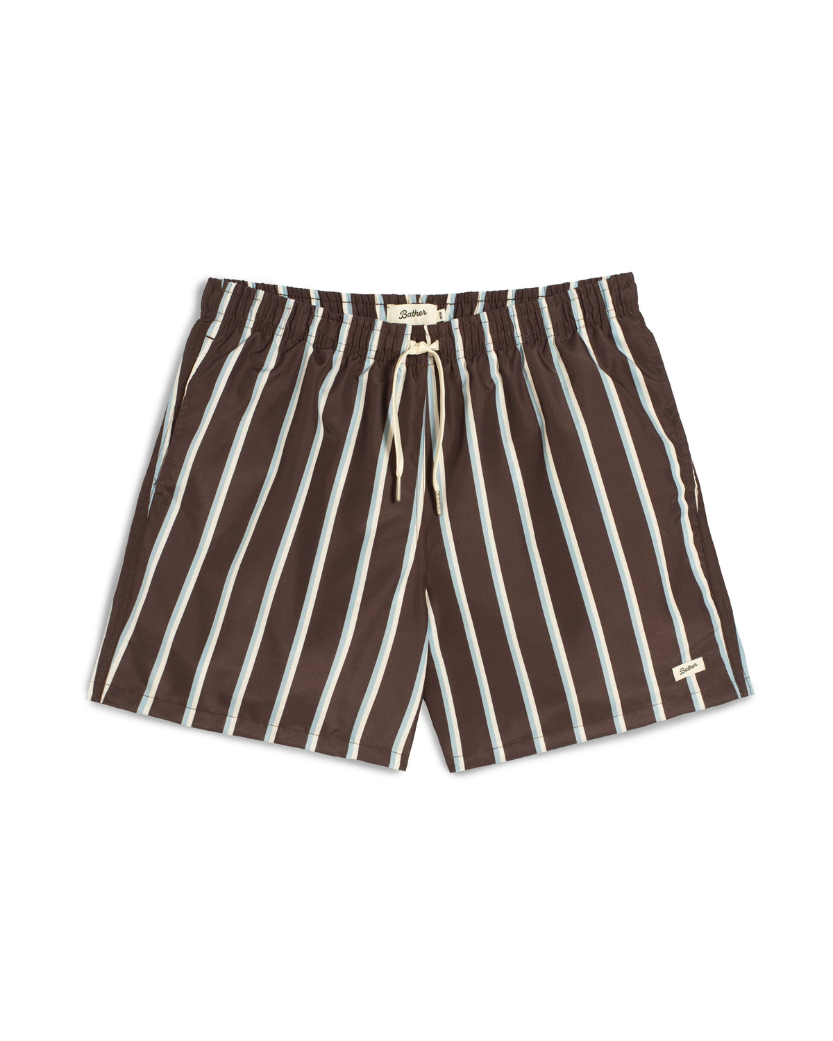 A pair of men's striped swim trunks in dark brown and off-white vertical stripes, featuring a cream-colored drawstring and a small brand tag on the lower right leg.