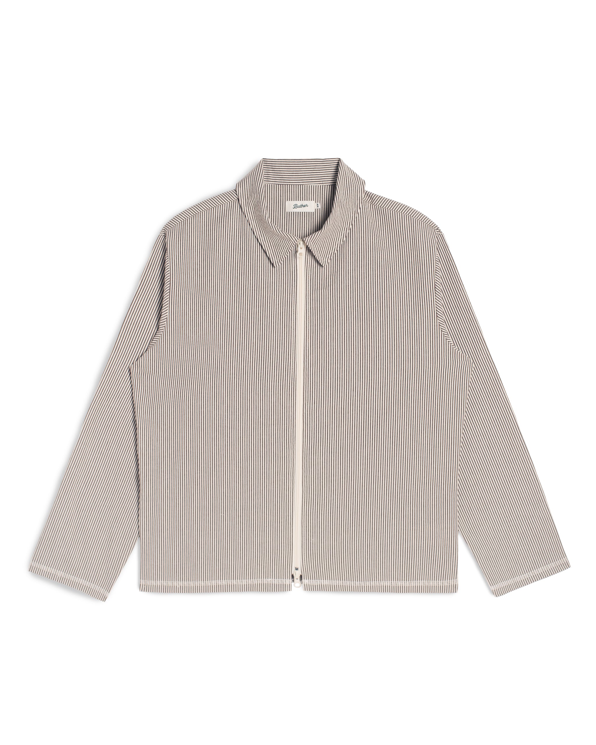 Bather brown pinstripe tour jacket in Japanese cotton pinstripe fabric featuring a two way front zipper