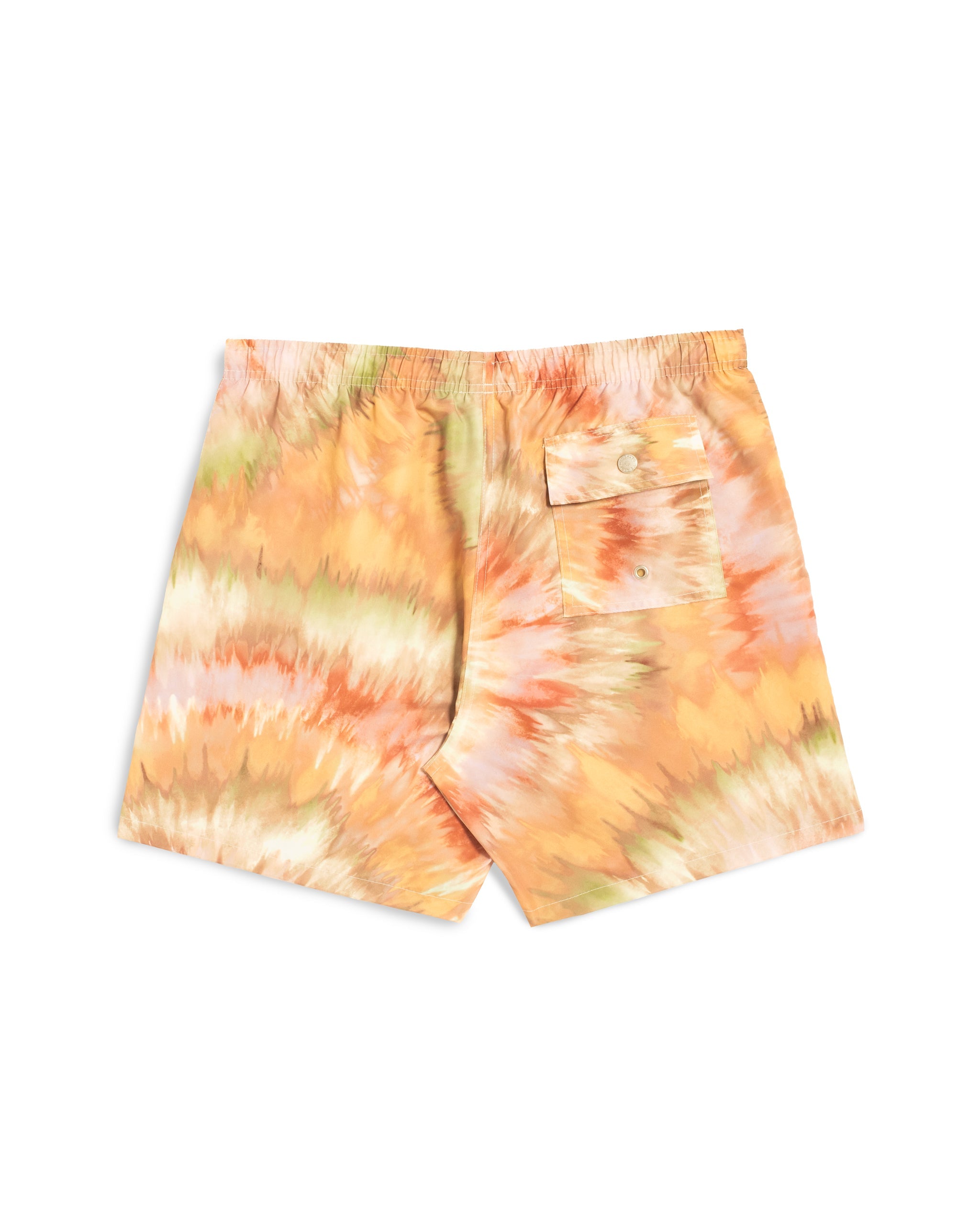 Rear view of Men’s abstract tie-dye swim trunks in warm orange and peach tones featuring button closure back pocket