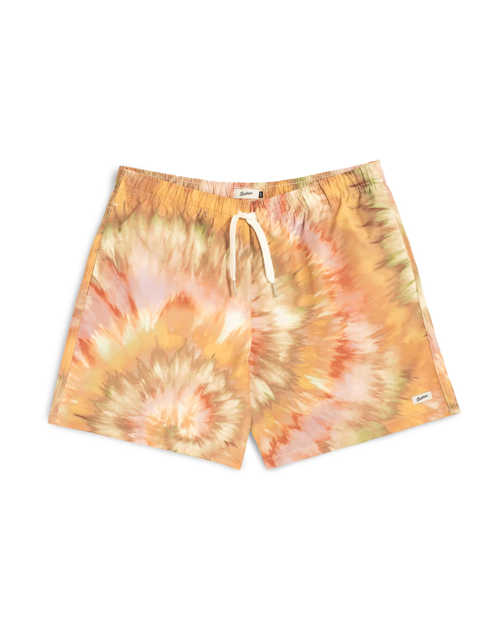 Men’s abstract tie-dye swim trunks in warm orange and peach tones featuring an elastic drawstring waistband