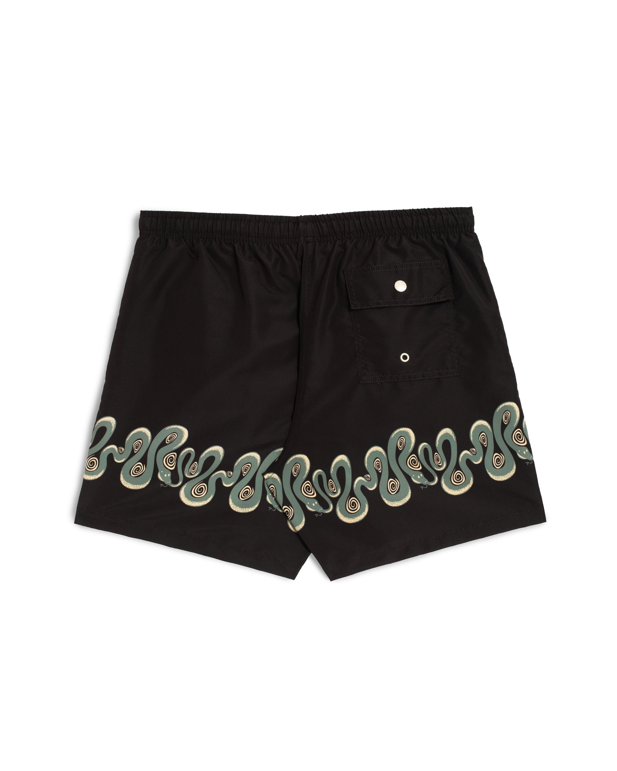 Rear view of men's black swim trunk with graphic snake border print featuring a button closure back pocket