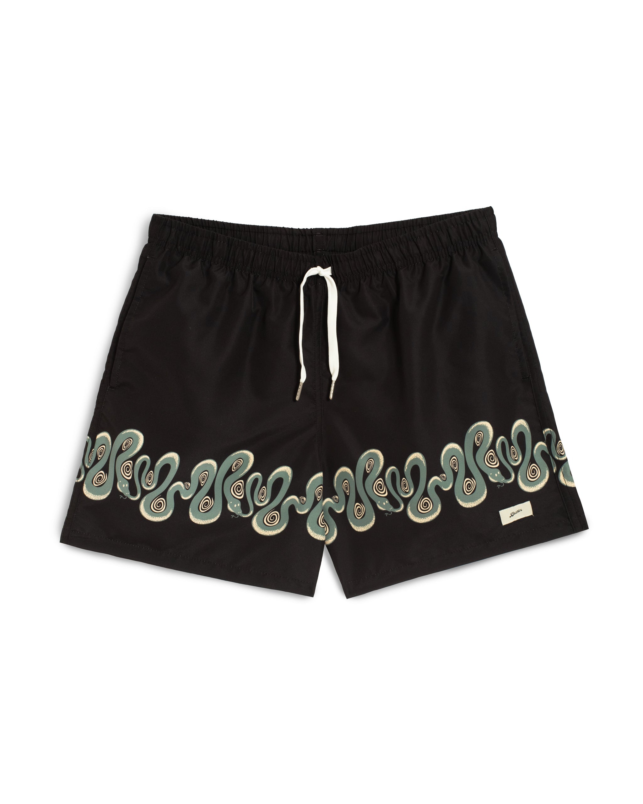 Men's black bathing suit with graphic snake border print 