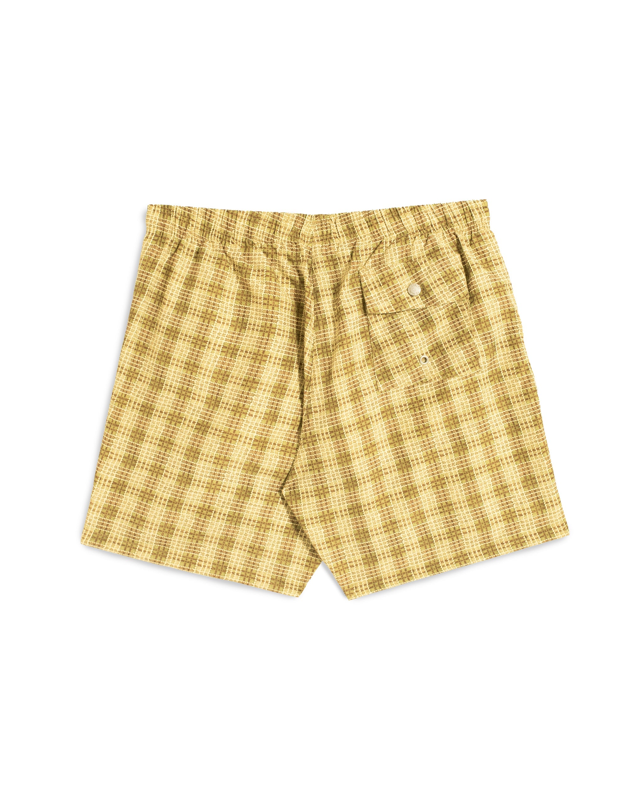 Rear view men’s yellow plaid patterned swim trunks with button closure back pocket 