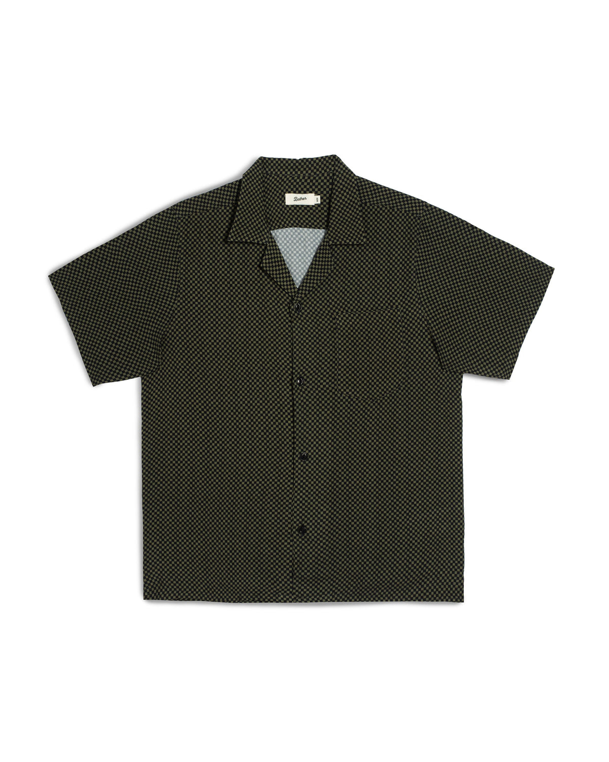 A short-sleeve button-up camp shirt in black with a small white micro-pattern, laid flat against a white background.