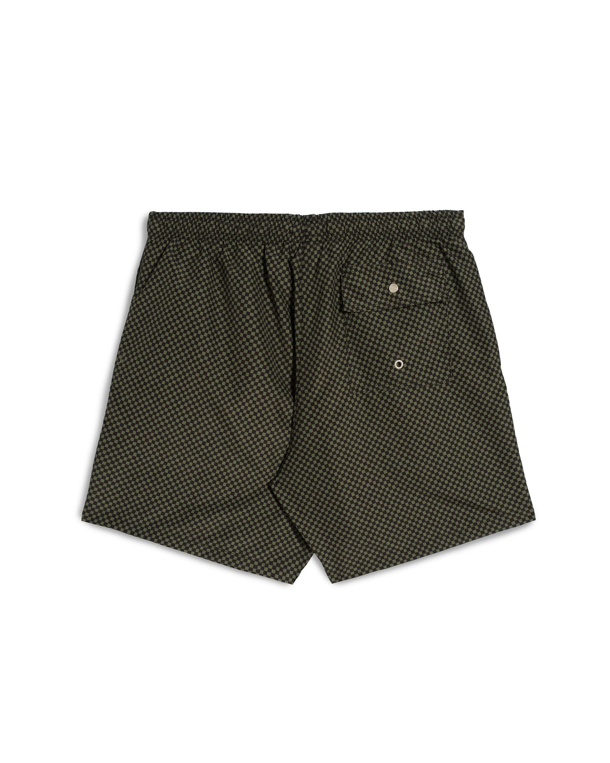 A pair of men's shorts featuring a dark olive green and black micro-pattern, with an elastic waistband and a buttoned welt pocket on the left leg, shown against a plain white background.