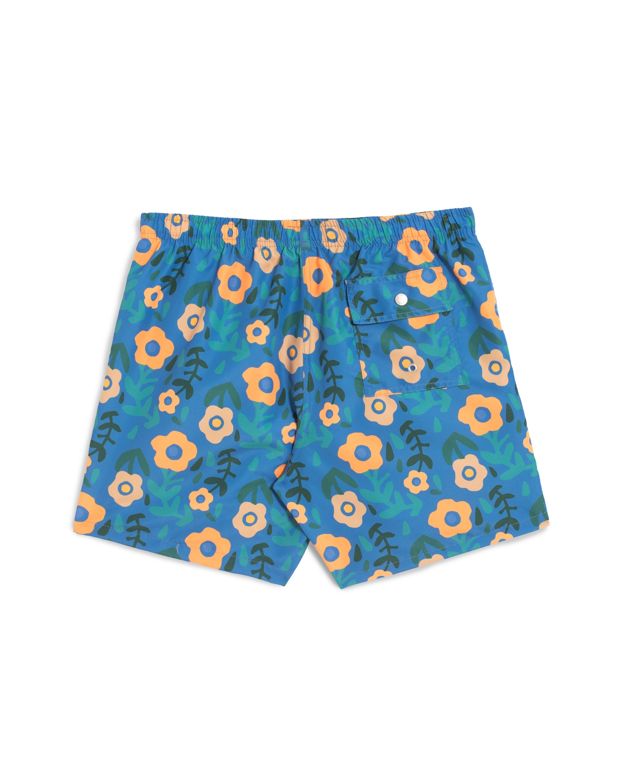 Rear view of men’s blue floral swim trunks with orange flower print and button closure back pocket 