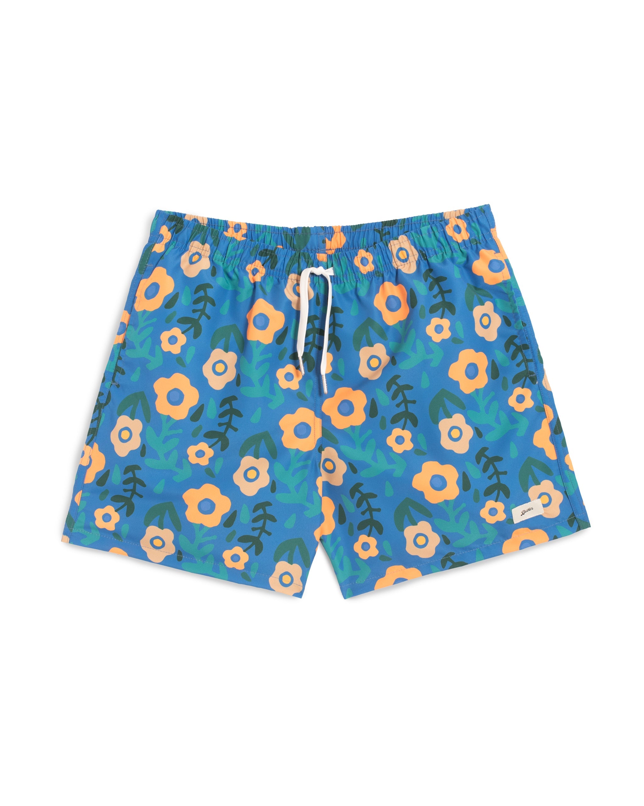Men’s blue floral swim trunks with orange flower print and elastic drawstring waistband