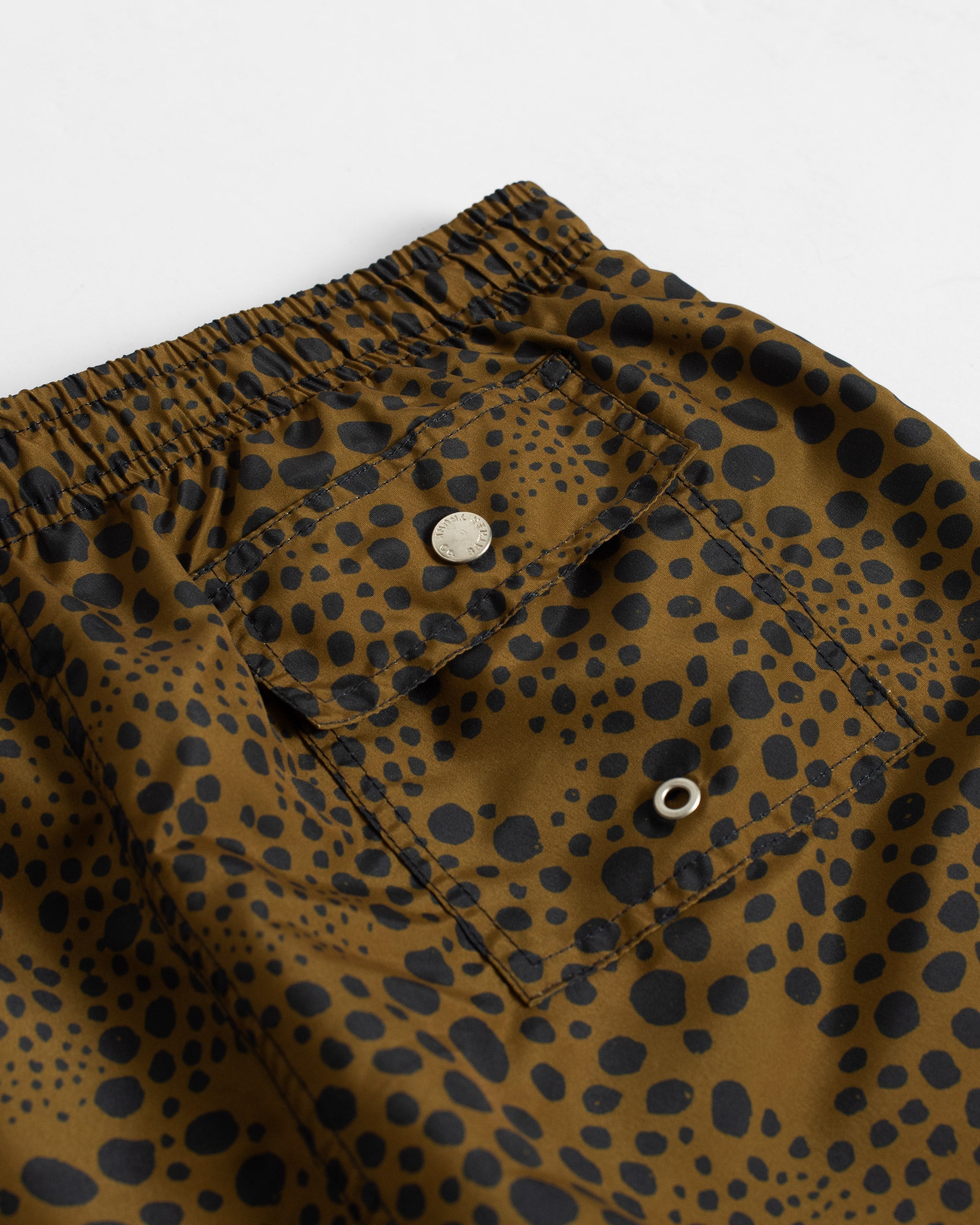 Close-up of men’s army green spotted swim trunks back pocket with button closure