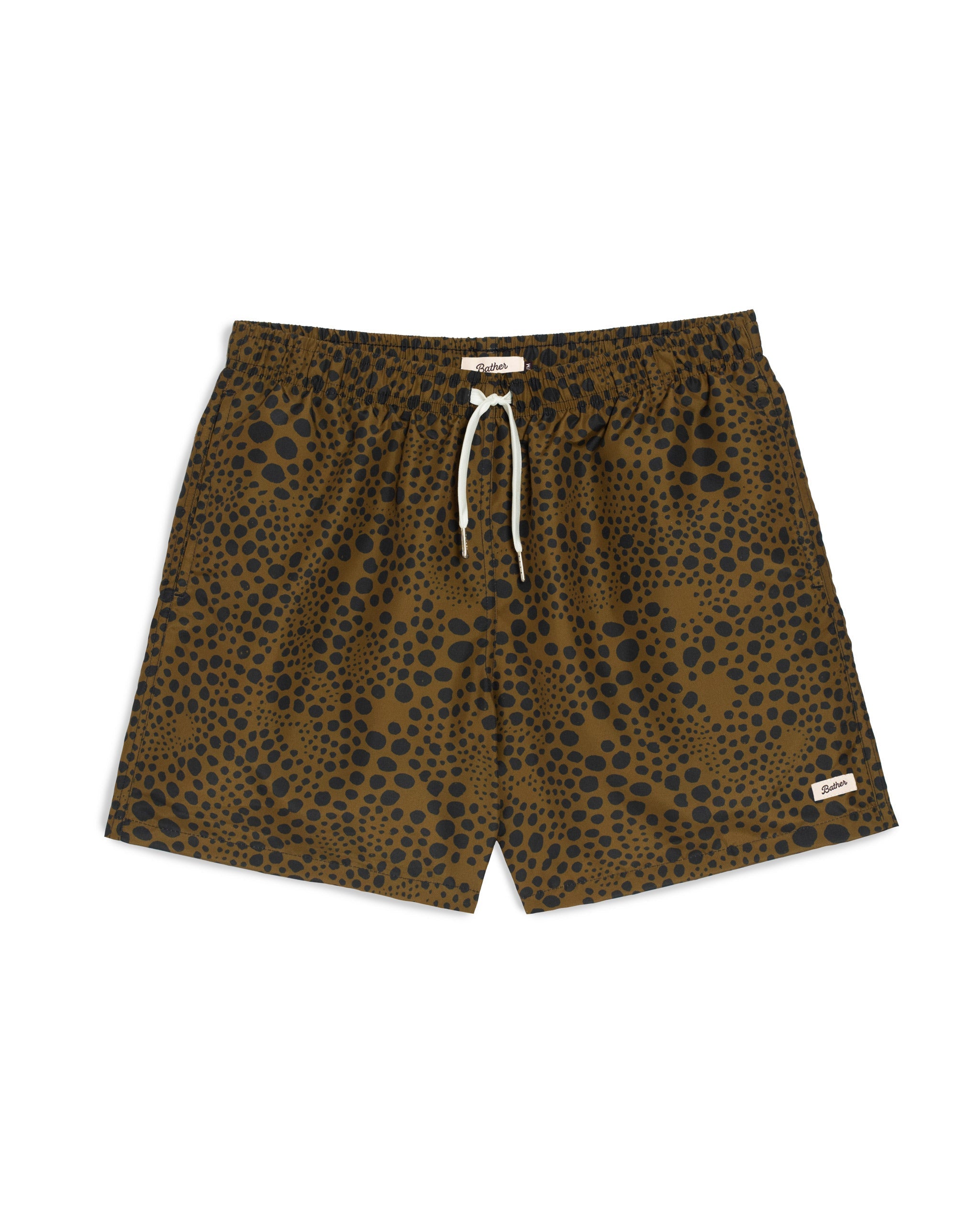 Men’s army green spotted swim trunks with elastic waistband and drawstring