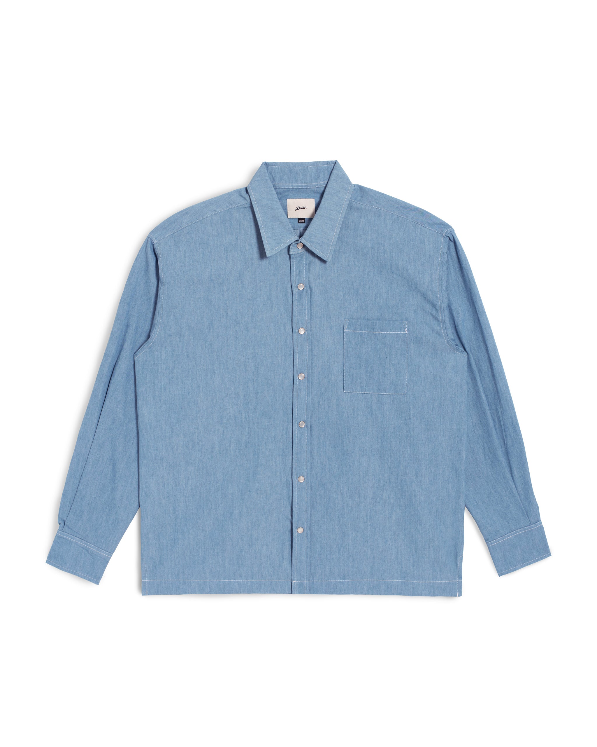 Front view of a light blue Bather Men's Faded Denim Leisure Shirt featuring a chest pocket, snap button closures, and contrast stitching on a plain white background.