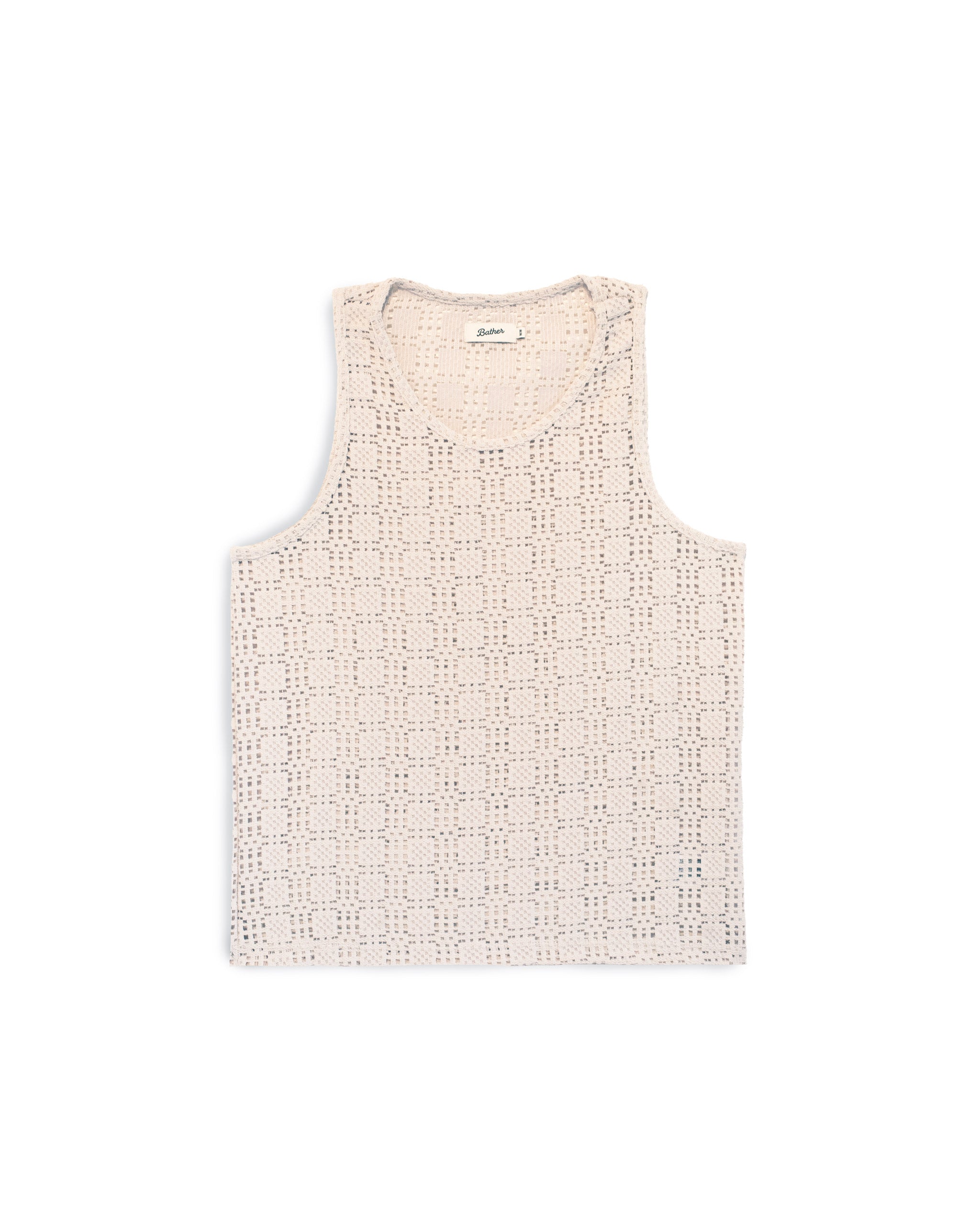 Front view of the Bather Men's Lattice Tank Top in off-white featuring an open-knit lattice crochet pattern and a relaxed sleeveless silhouette.
