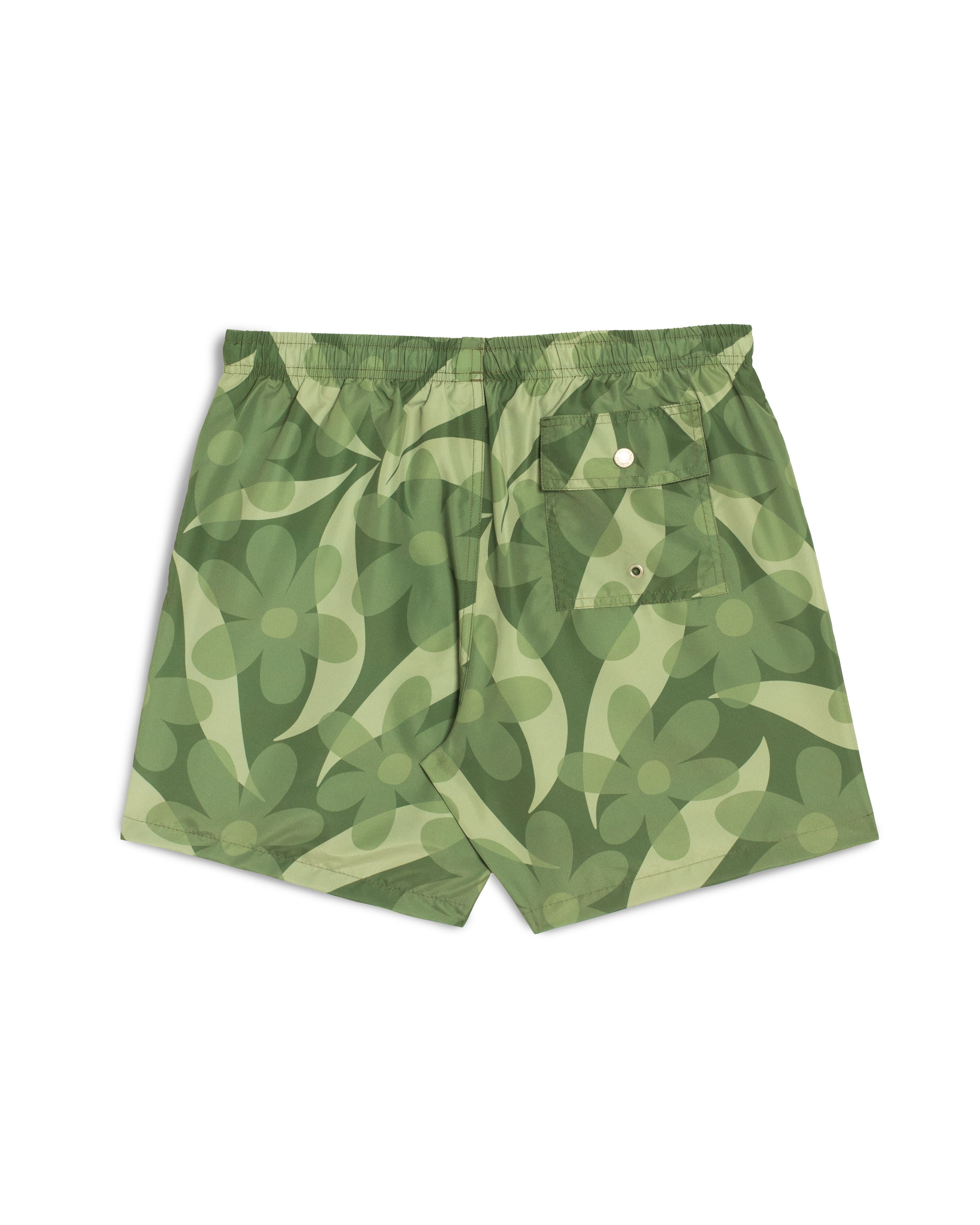 Men’s green floral swim trunks back view with pocket and button closure