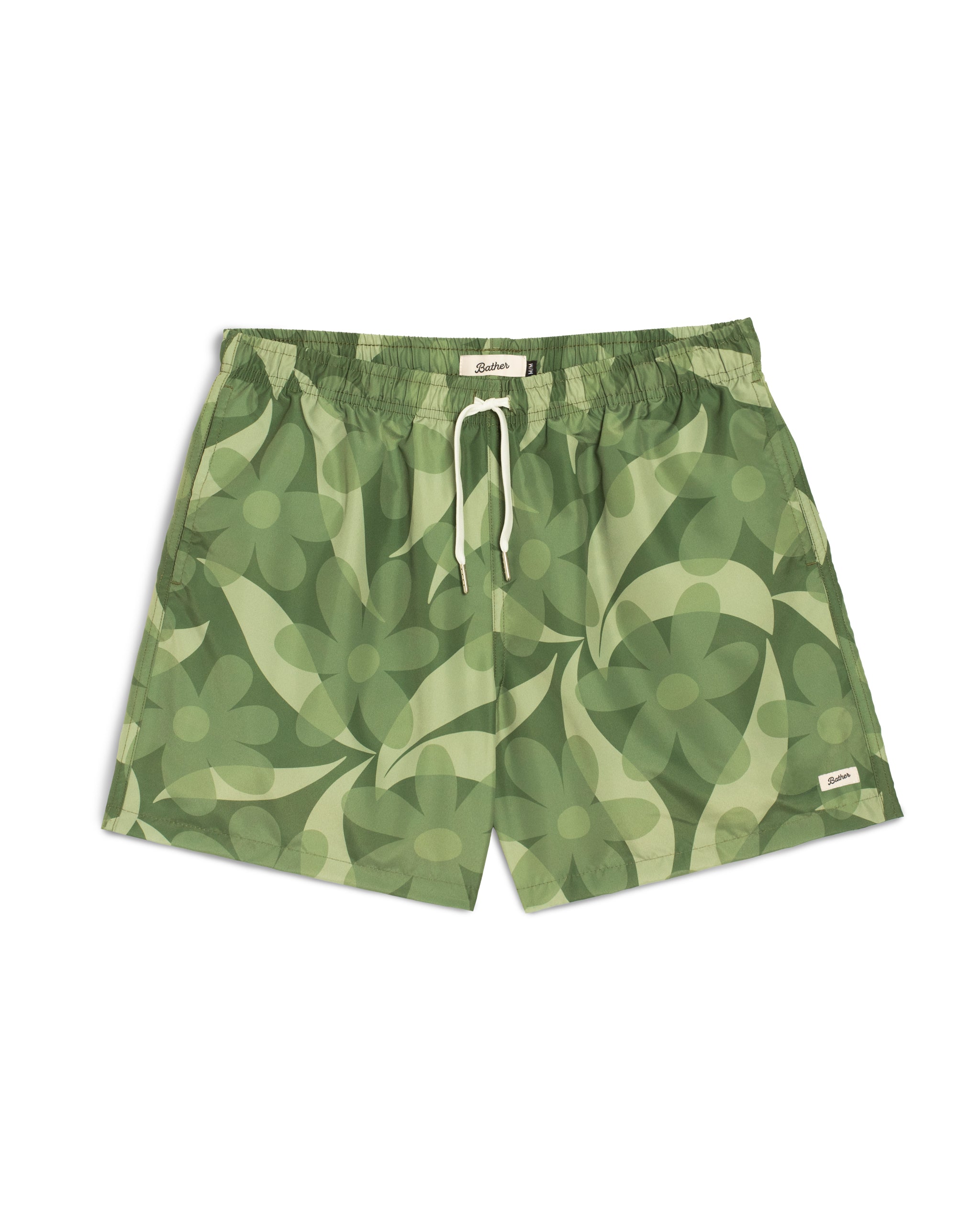 Men’s green floral swim trunks with elastic waistband and white drawstring