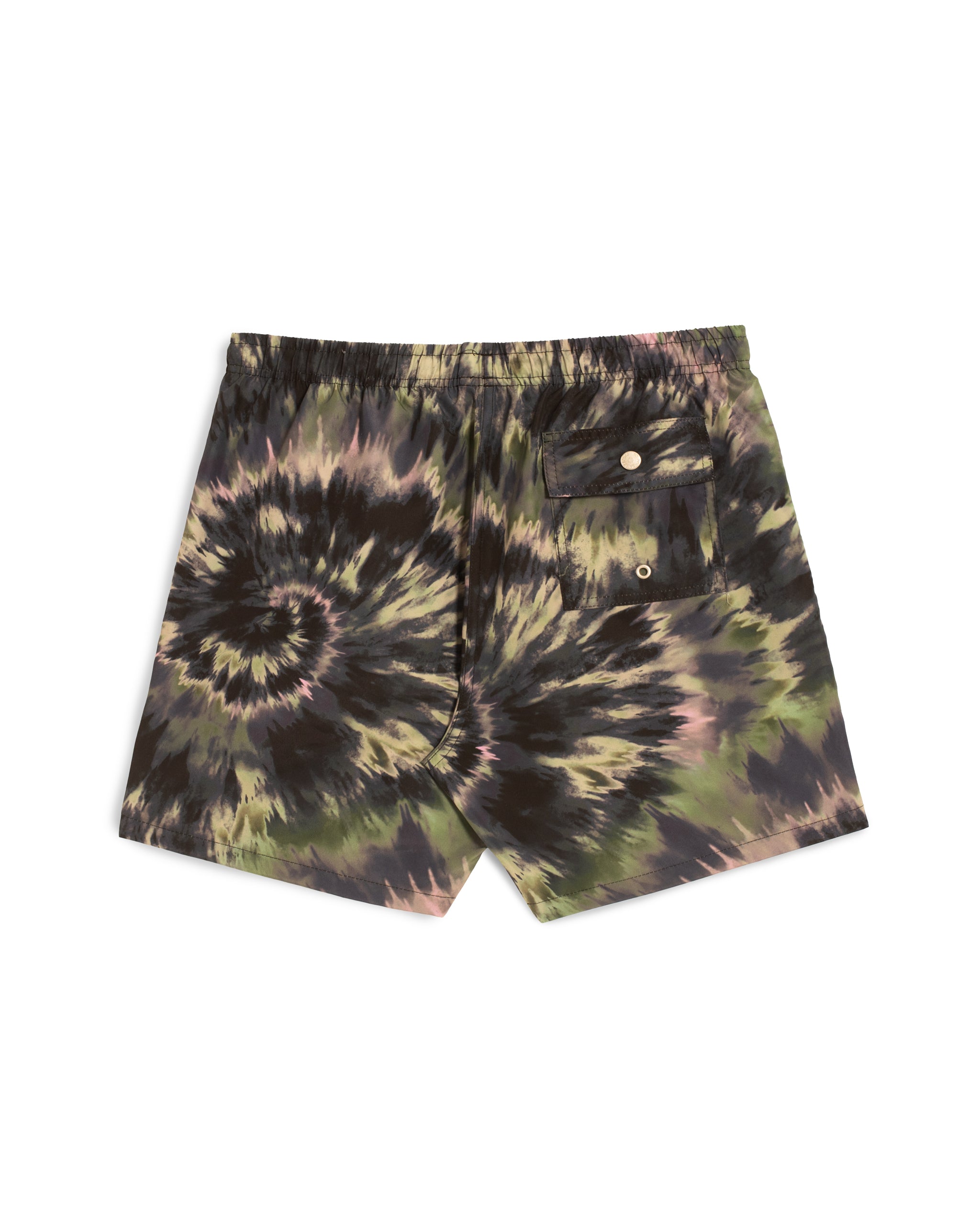 Rear view of men’s abstract tie-dye swim trunks in black, green, cream, and pink, featuring button closure back pocket
