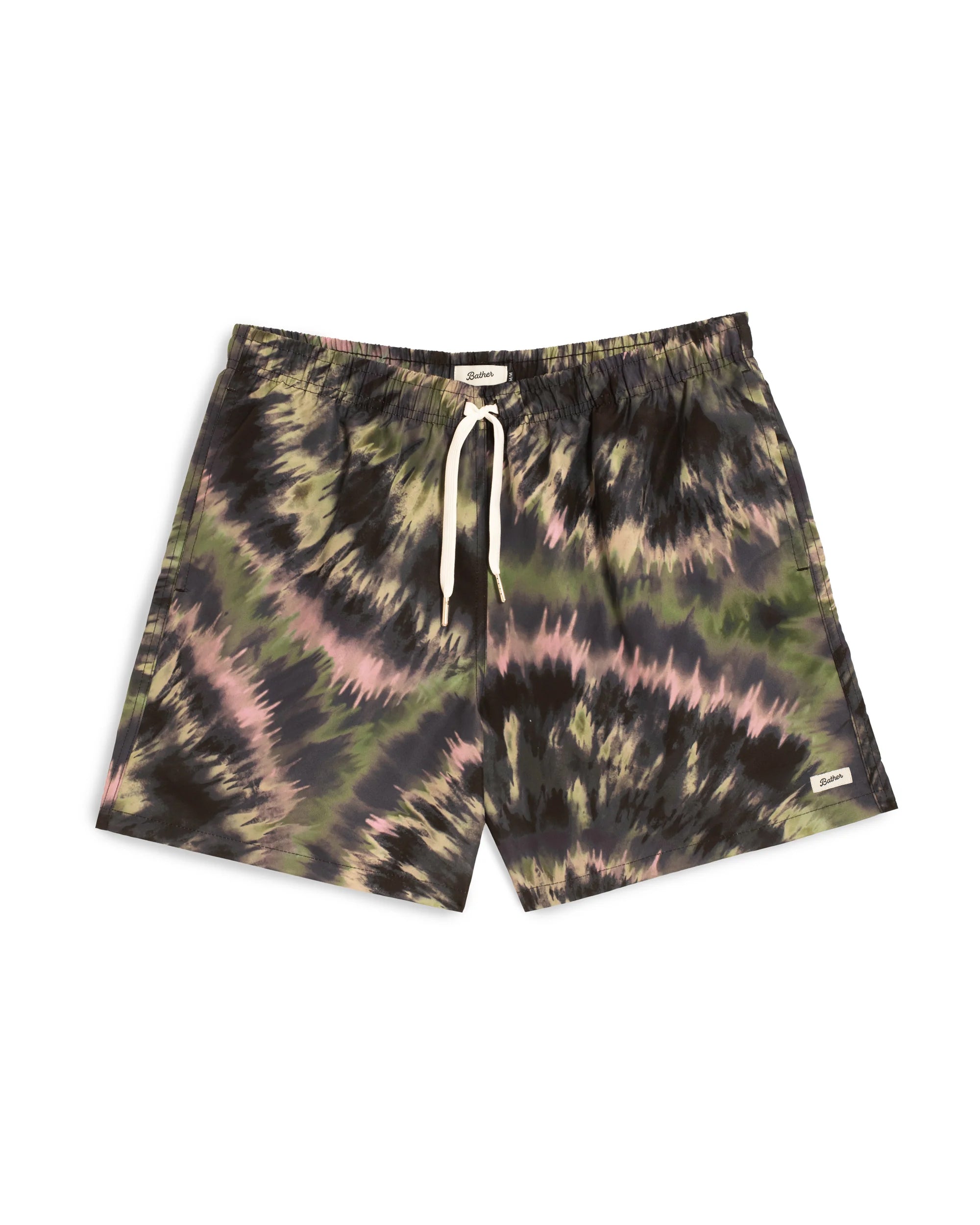 Men's tie-dye swim trunk featuring a black, green, cream, and pink abstract pattern trunks featuring an elastic drawstring waistband.