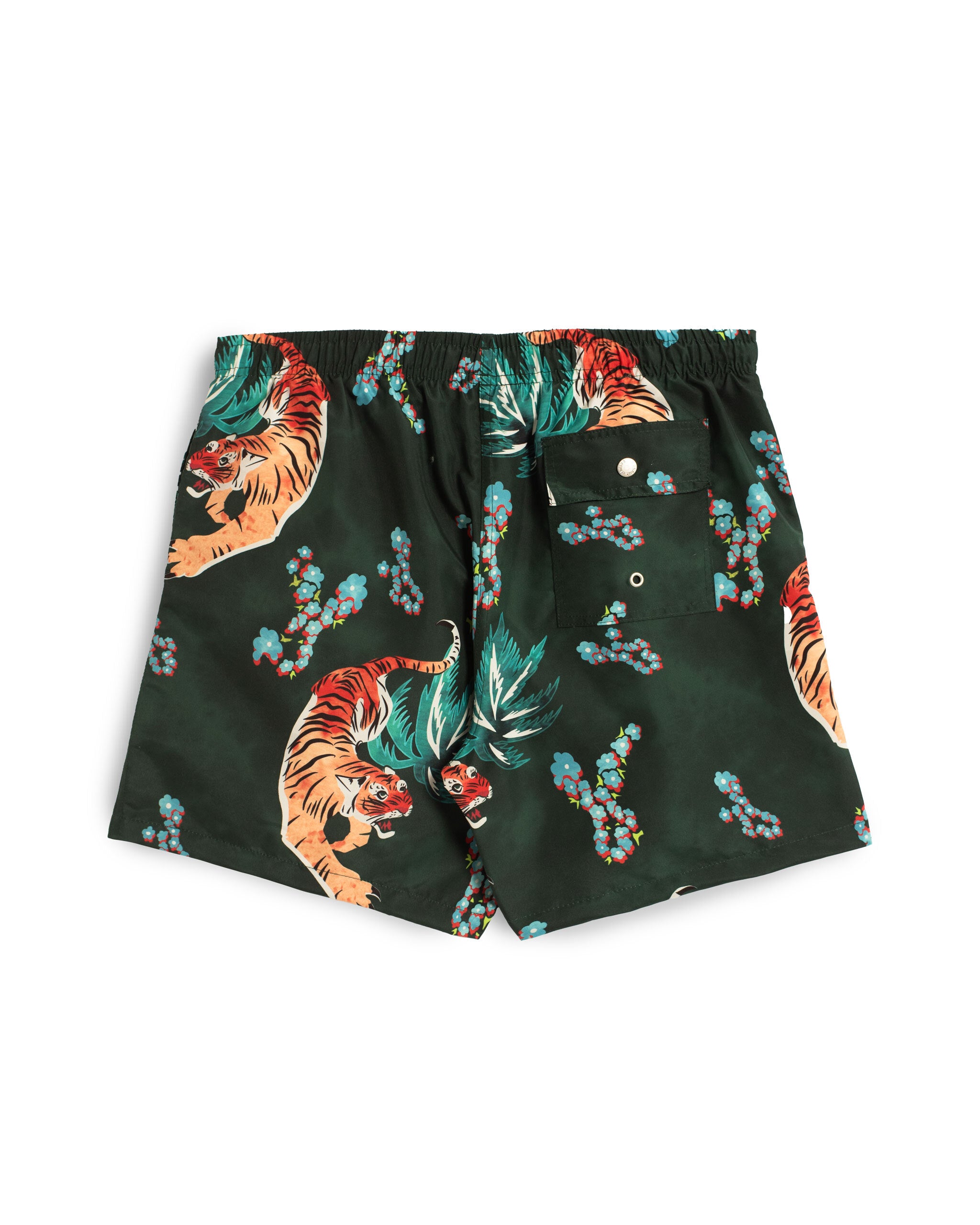 Rear view of men’s all over print swim trunk with a forest and tigers in dark green and warm orange tones featuring a button closure back pocket