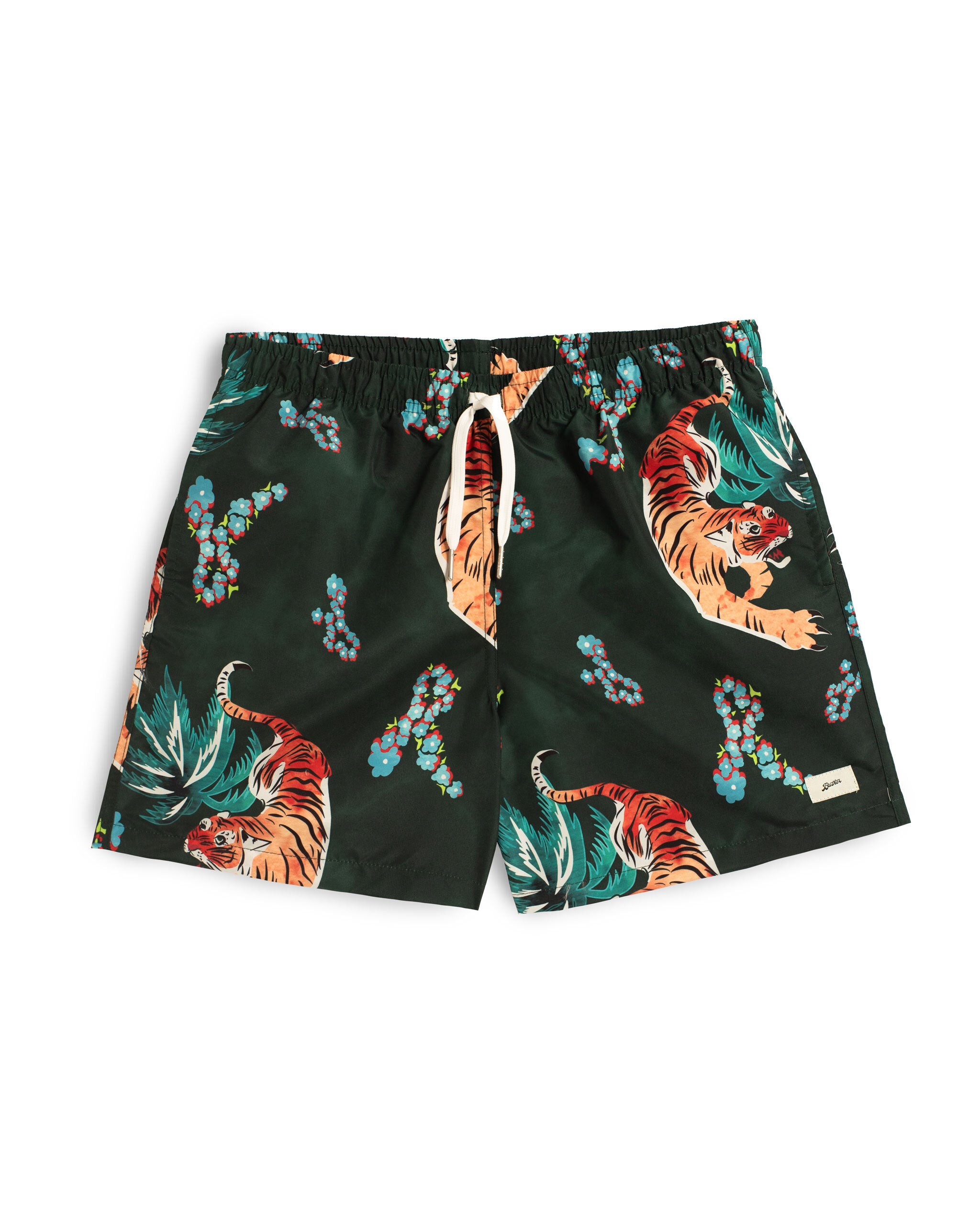 Men’s all over print swim trunks with a forest and tigers in dark green and warm orange tones featuring an elastic drawstring waistband