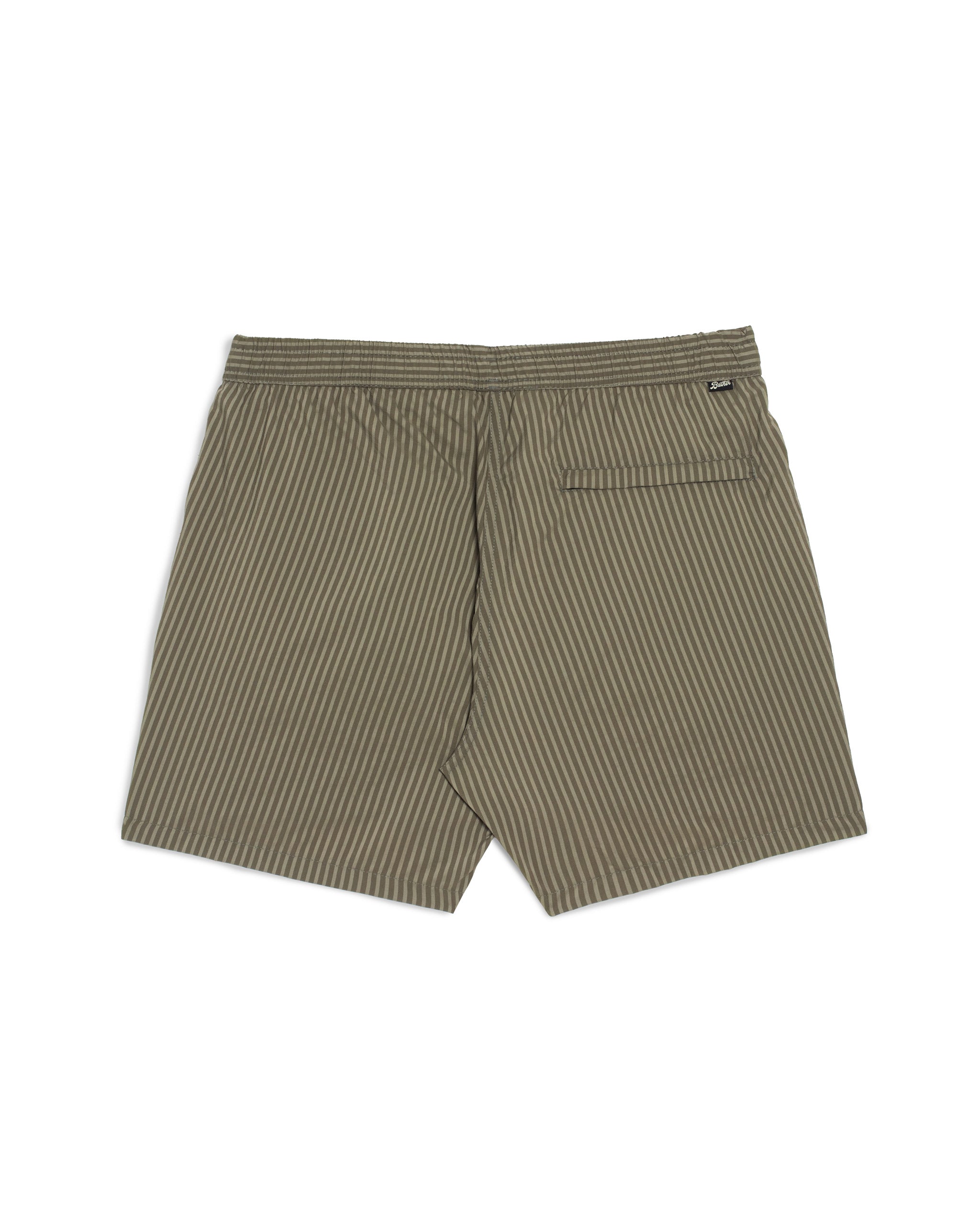 Back-view of men’s army green pinstripe swim trunks with hidden zipper closure pocket