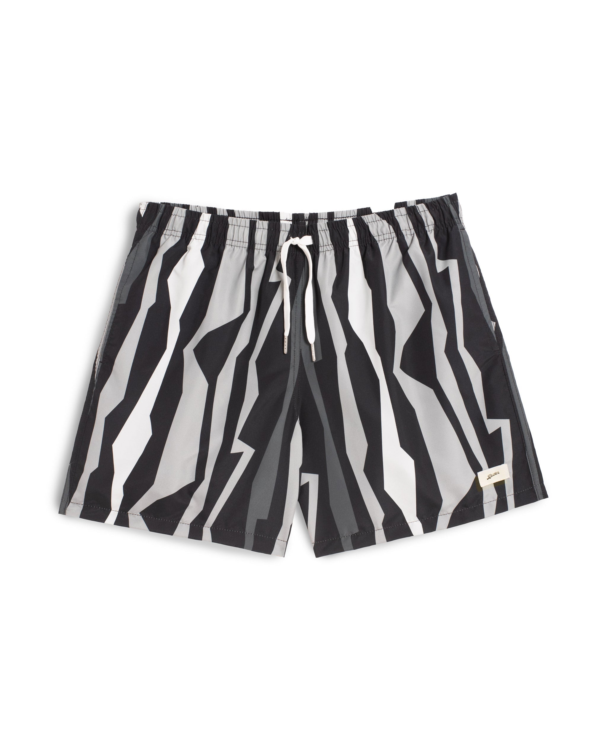 Men’s black and gray swim trunks with jagged vertical geometric striped pattern and drawstring waistband