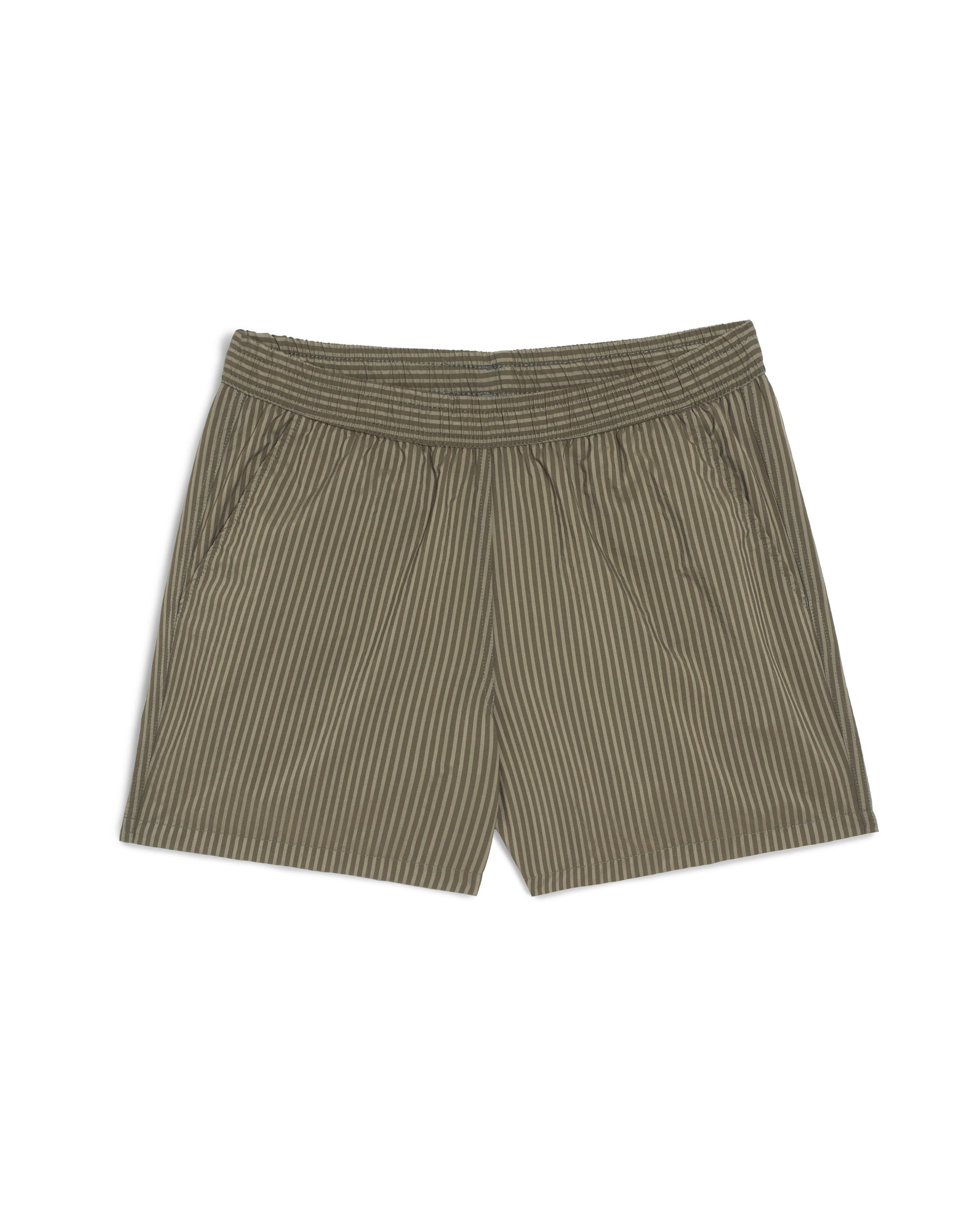 Men's army green pinstripe swim trunks with hidden elastic waistband