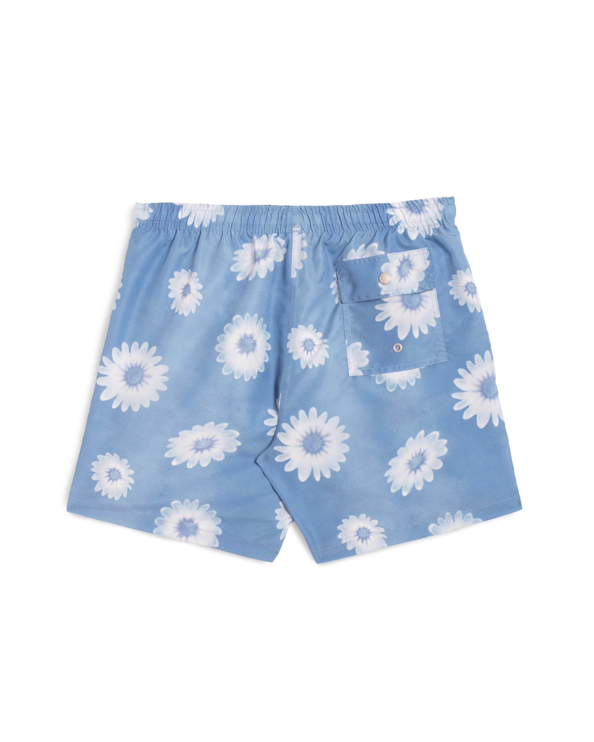 Rear view of men’s daisy pattern all over print swim trunks in light blue featuring button closure back pocket
