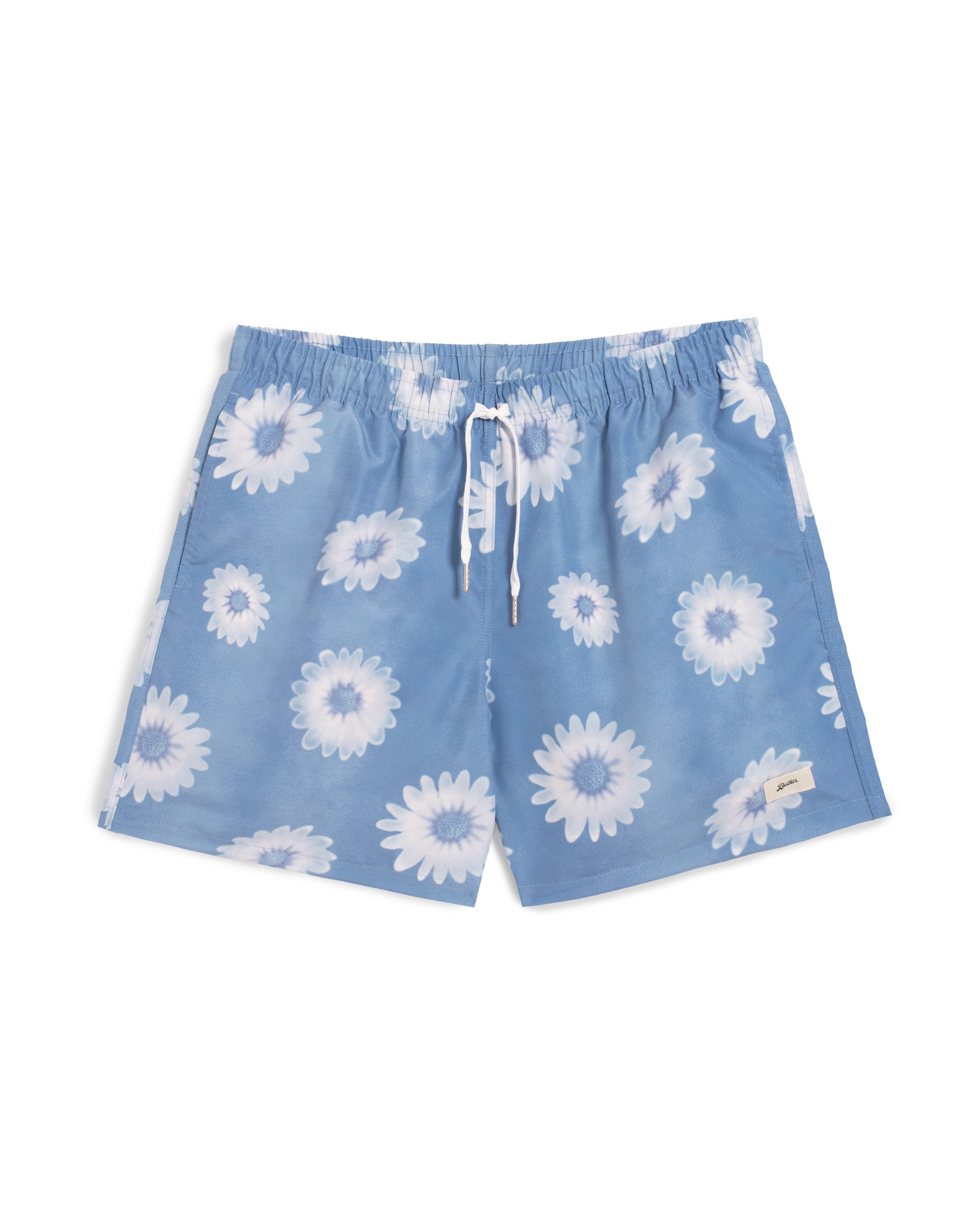 Men’s all over print swim trunks with white daisy pattern in light blue featuring an elastic drawstring waistband