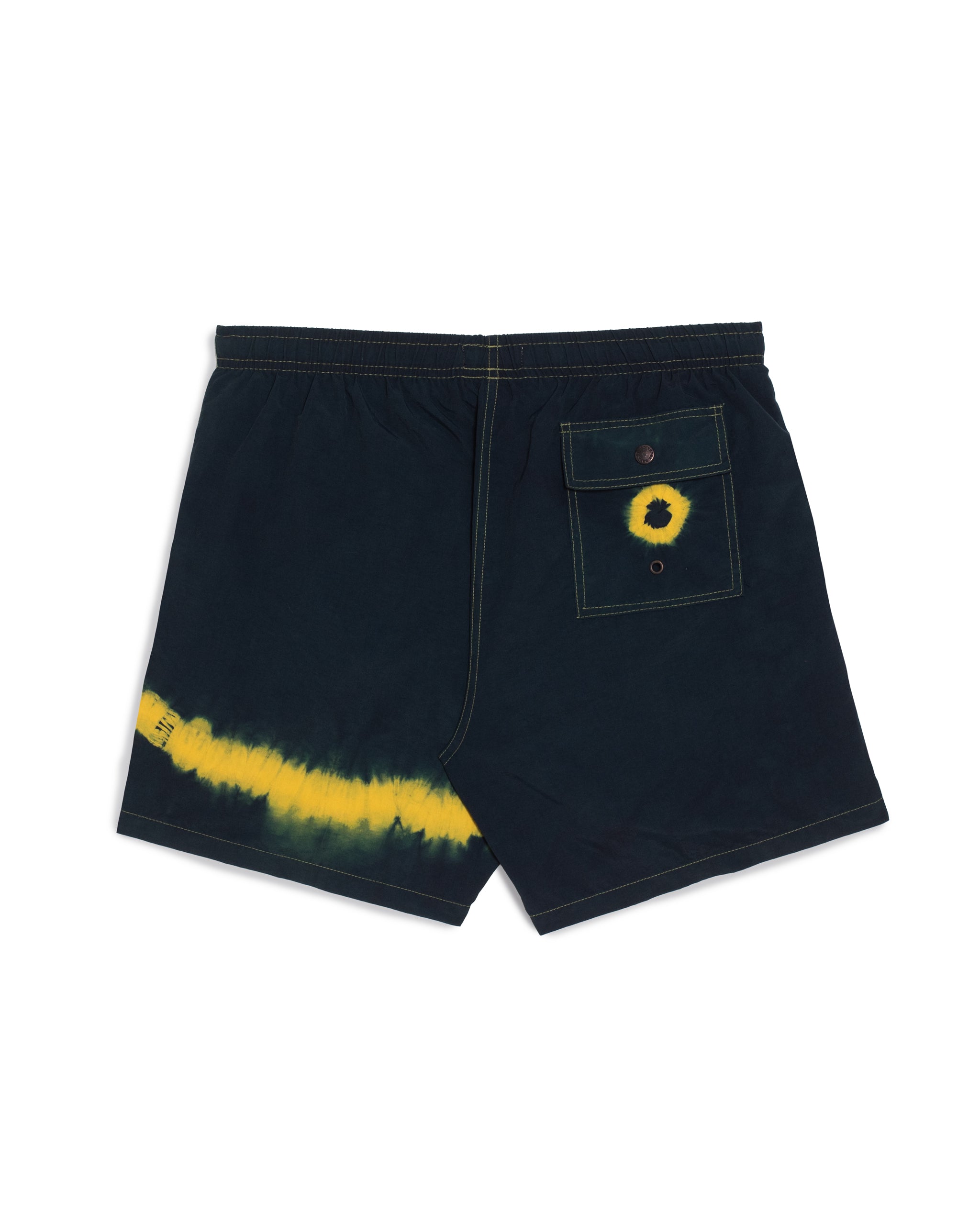 Navy shorts with yellow accents on a white background