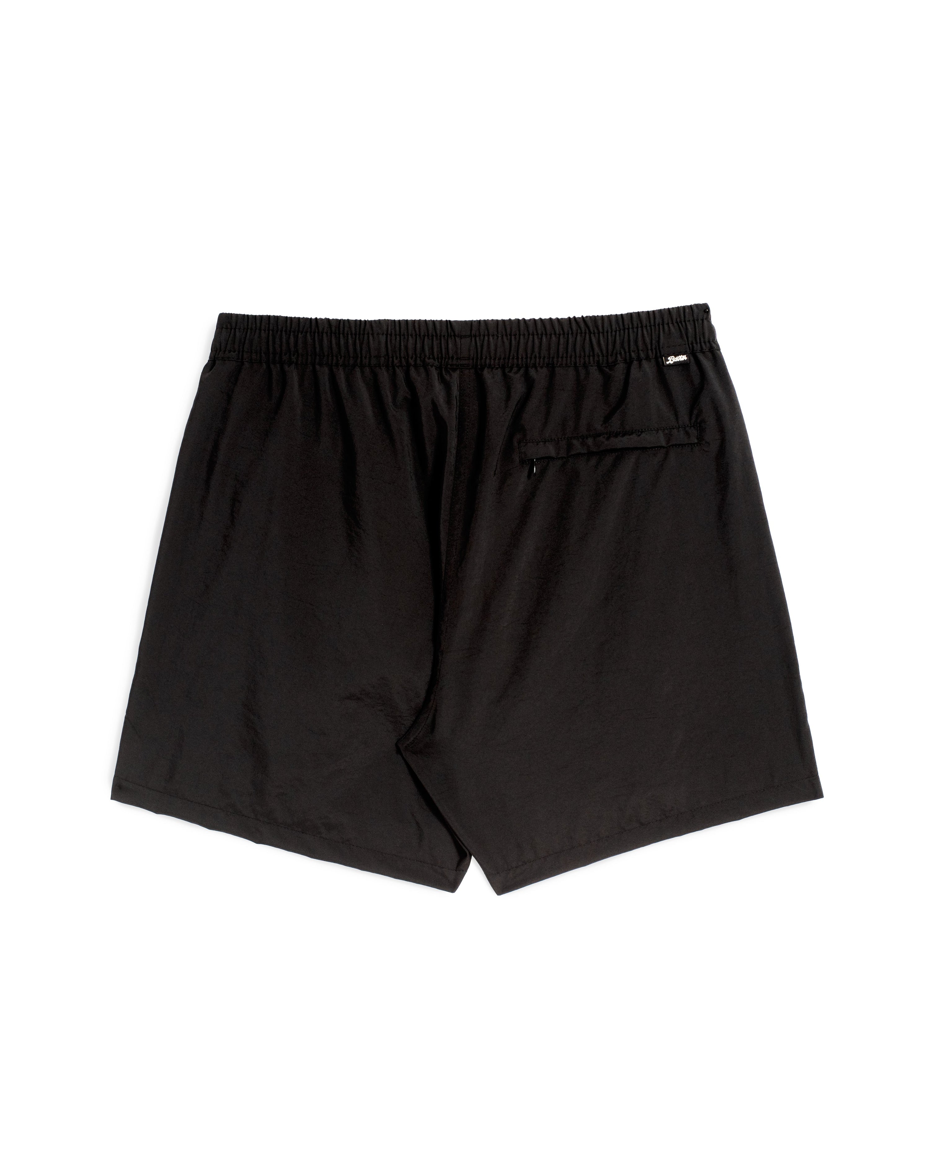 Rear view of men's shiny swim trunk in black featuring zipper closure back pocket